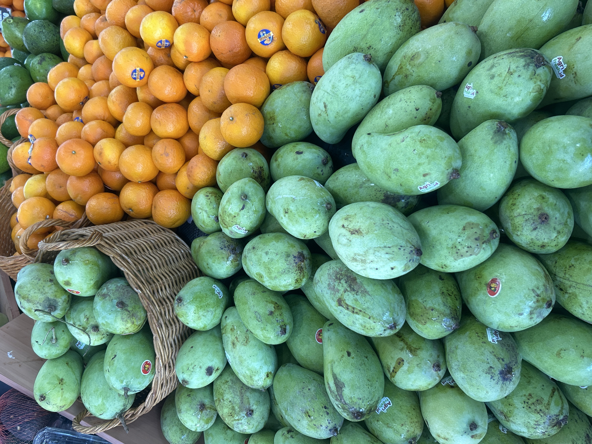 The image shows a display of fresh produce at a market, likely a traditional one, in North Kuta, Indonesia. The foreground is dominated by a large pile of green mangoes with some visible blemishes and stickers. Next to the mangoes, a smaller pile of mandarin oranges with blue labels is visible. A woven basket holds more mangoes on the left side of the frame. There are some green avocadoes on the far left. The items are densely packed together on what appears to be a wooden surface. No people are visible in the frame. The lighting is bright, suggesting it is daytime.