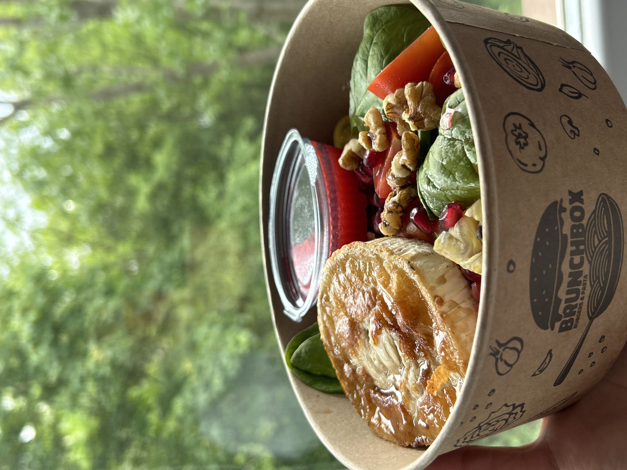 The image shows a close-up of a "Brunchbox" paper container filled with a salad. The salad includes spinach, tomato, walnuts, pomegranate seeds, and a baked or grilled round cheese, likely brie or camembert, with a drizzled glaze. A small container of red dressing is also visible. The container's design features drawings of food items such as vegetables, garlic, and pasta, along with the brand name "Brunchbox" and the text "Burgers & Pasta." The background is blurred but suggests a green outdoor environment with trees, possibly seen through a window. There is no discernible evidence to ascertain if the image was taken in Sofia, Bulgaria.
