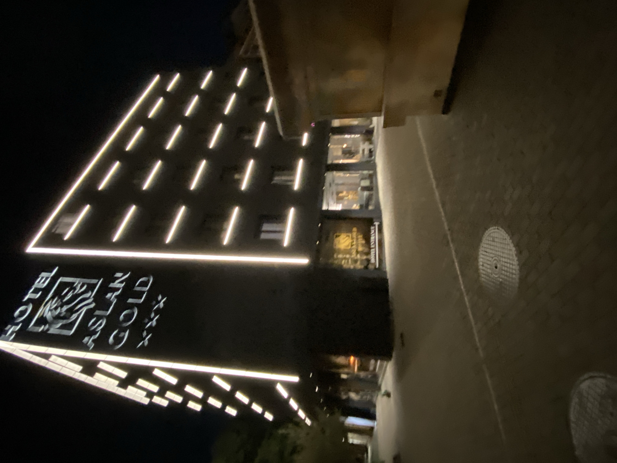 A nighttime, rotated view of the ASTON GOLD HOTEL in Varna, Bulgaria. The hotel's facade is dark with vertical rows of illuminated, short, linear lights. The hotel logo is visible. The street in front of the hotel appears to be cobblestone or paved and is dimly lit. Sewer access manhole covers are visible. A building overhangs the street.