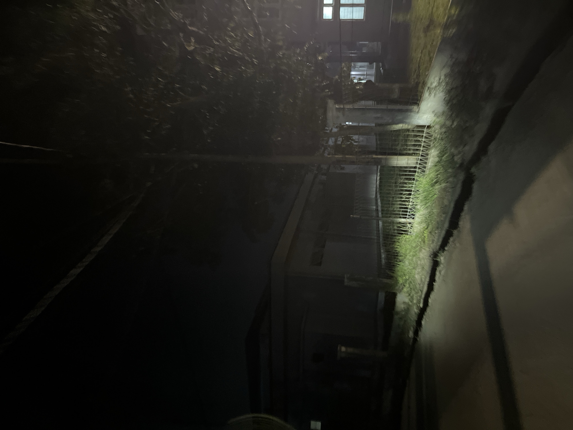 The image depicts an outdoor scene at night in what appears to be a residential area in Kesehatanbandar, Indonesia. The perspective is from ground level, looking up and diagonally across a cracked asphalt path or road. To the left of the path, there is a strip of grass and a metal fence, behind which a building with illuminated windows can be seen. The building's architecture suggests it might be a multi-story structure. Overhanging the scene from the left is a large, dark tree with dense foliage, partially obscuring the building and the sky. Power lines are also visible running horizontally across the darker, left side of the frame. The overall lighting is dim, with the primary light sources being the windows of the building and a strong light casting a shadow onto the path from the right. The darkness and the illuminated windows suggest it is nighttime. There is no visible text in the image. The scene conveys a sense of quietude and perhaps a touch of mystery due to the low light conditions and the partially obscured elements.