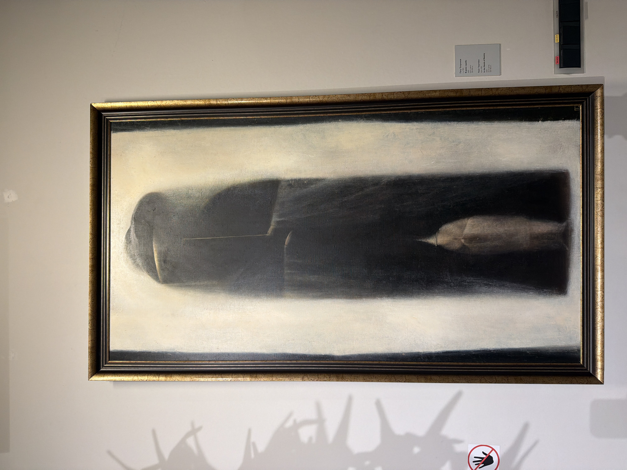 The image shows a framed painting hanging on a neutral-colored wall. The painting is abstract, featuring a dark, elongated form horizontally centered against a lighter background. The frame is ornate with a dark base and a gold-toned, possibly gilded, outer layer.
To the upper right of the painting are two small rectangular plaques or signs attached to the wall. Below the painting, cast shadows are visible on the wall, suggesting a light source from above. A small circular sign with a red slash through a hand indicates a "do not touch" policy, typical in museums and galleries.
Based on the painting's title mentioned on a plaque, it can be identified as "In The Heads of Destiny" by Pyotr Titovich. The location is likely a museum or art gallery exhibiting his work in Saint Petersburg, Russia. The environment is clean and well-lit, typical of a gallery space. There are no visible people or interactions in the frame, focusing solely on the artwork and its immediate surroundings.