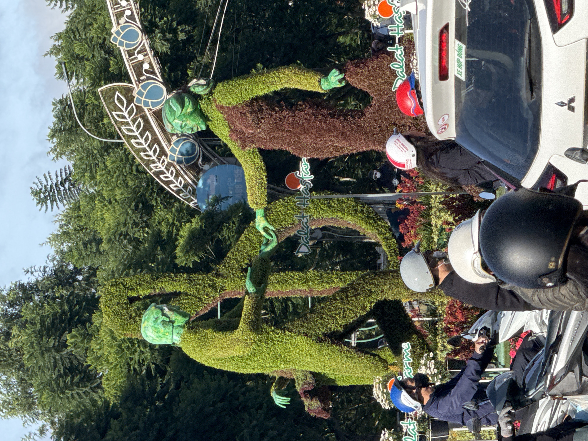 Two large topiary figures, one male and one female, stand in the foreground, both made of green foliage. The male figure is on the left, with his arms outstretched, appearing to interact with the female figure on the right. The female figure wears a dress-like structure made of reddish-brown foliage. Behind the topiary figures, a decorative archway with floral motifs is visible, with trees and foliage in the background. In the lower part of the image, several people on motorcycles and in a white car are present. The people are wearing helmets and masks. The white car has Vietnamese license plates and stickers. The scene appears to be outdoors, possibly on a street or public square in Da Lat, Vietnam, indicated by the word "Dalat" visible in text overlay on the image.