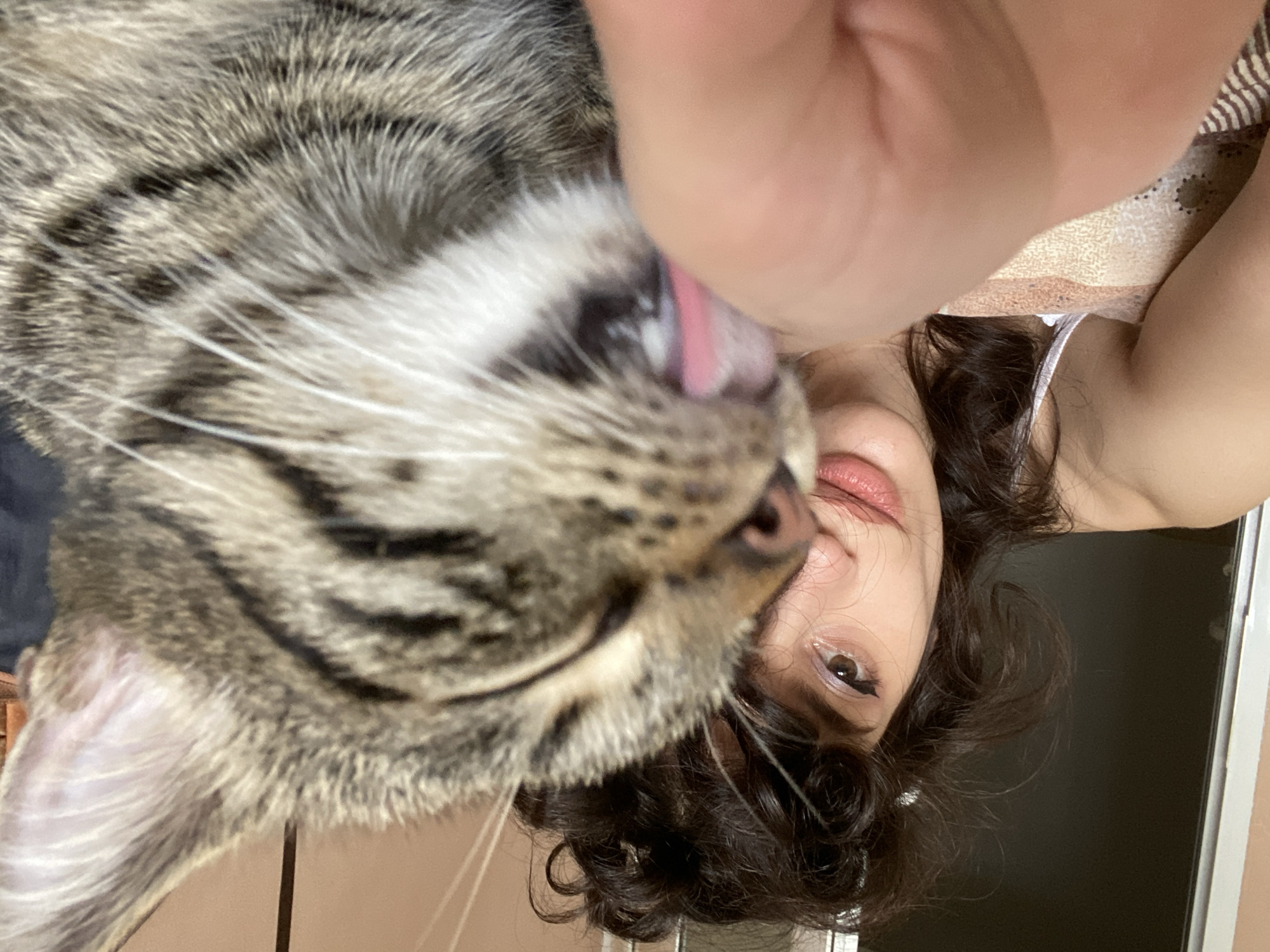 A close-up, selfie-style shot features a young woman with dark, curly hair and light skin, wearing a white tank top. She is positioned to the left of the frame, with her face turned towards the camera and her eyes looking slightly off-center. The woman has prominent eyeliner and pink lipstick. To her right, a tabby cat is prominently displayed, its face filling a significant portion of the right side of the image. The cat is in focus, with its mouth open and tongue extended, appearing to lick the woman's finger, which is held in the foreground. The background is softly blurred, showing a neutral-colored wall and a doorway, suggesting an indoor setting, likely a bedroom or living area, consistent with a residential location in Sofia, Bulgaria. The overall mood is intimate and affectionate, capturing a moment of interaction between the woman and her pet.