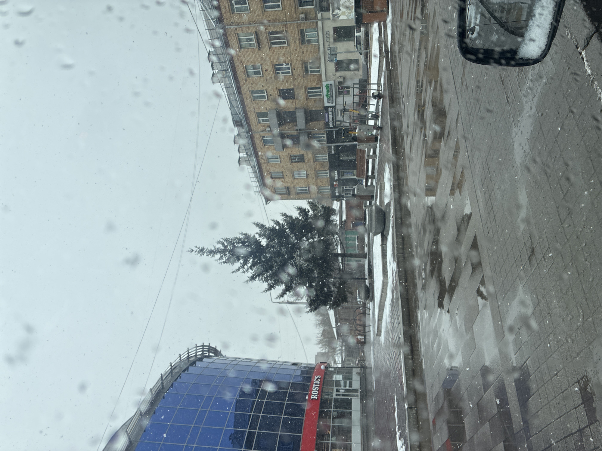 The image presents an urban street scene captured through a wet window, likely from inside a vehicle, as evidenced by water droplets on the glass and part of a snow-covered side mirror in the upper right. The scene depicts a snowy or sleety day with an overcast sky.
On the left side of the frame, a modern building with a curved blue glass facade is prominent. A red horizontal sign on this building clearly displays the text "ROSTIC'S". In the middle and extending towards the right, a multi-story building constructed of light brown bricks features multiple windows and several commercial signs. Visible text on these signs includes "efresh", "ЧОЛОВІЧИЙ ОДЯГ" (which translates to "Men's Clothing" in Ukrainian), and possibly "Капос`с АЛО" and "СЕРВІС".
A dark, evergreen tree stands in the center of the image, between the two buildings. The ground, which appears to be a paved sidewalk or street, is wet with puddles and shows patches of snow, indicating recent or ongoing precipitation. Snowflakes are visibly falling throughout the scene, creating a wintry atmosphere. The overall mood is muted and cold due to the weather conditions. No people are distinctly visible in the frame.