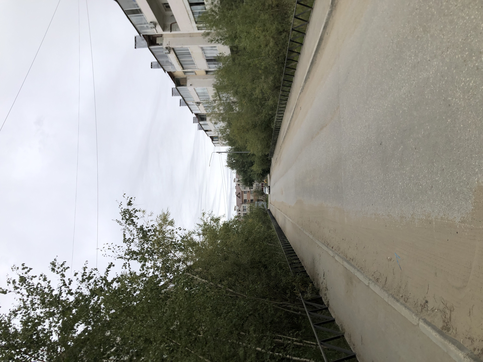 A cloudy day scene on a road with buildings and trees. The road is paved and appears to be leading into a residential area with multi-story apartment buildings. On the left side of the road, there is a row of trees. On the right side, there are more trees and then the apartment buildings, which have balconies and windows. A car is visible in the distance on the road. The sky is overcast. The image appears to have been taken in Yakutsk, Russia, as indicated by the architectural style of the buildings and the presence of birch trees, common in the region.
