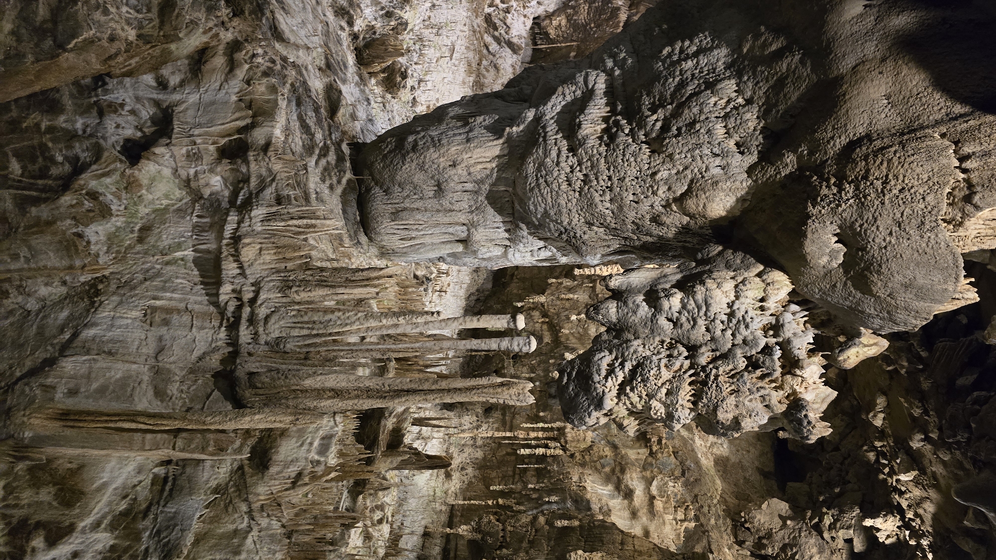 The image depicts the interior of a cave, specifically showcasing a complex formation of stalactites and stalagmites. The scene is illuminated by artificial light, creating dramatic shadows and highlighting the textured surfaces of the rock formations. The cave walls are rough and layered, with visible striations that suggest geological processes over time.
The prominent subjects are the diverse mineral formations hanging from the ceiling (stalactites) and rising from the floor (stalagmites). These range from thin, delicate icicle-like structures to larger, more bulbous formations. Some stalactites appear to have merged with stalagmites, forming columns. The overall impression is one of natural artistry, sculpted by water and minerals over millennia.
There are no people or visible objects other than the natural cave features. The activity is none, as it's a static scene of geological formations. The lighting suggests it's a tourist-accessible cave, likely visited during the day, although the time of day is not discernible within the cave itself. The location is indicated as Vavřinec, Czechia. There is no visible text in the image. The mood is one of awe and wonder at the natural formations and the vastness of geological time.