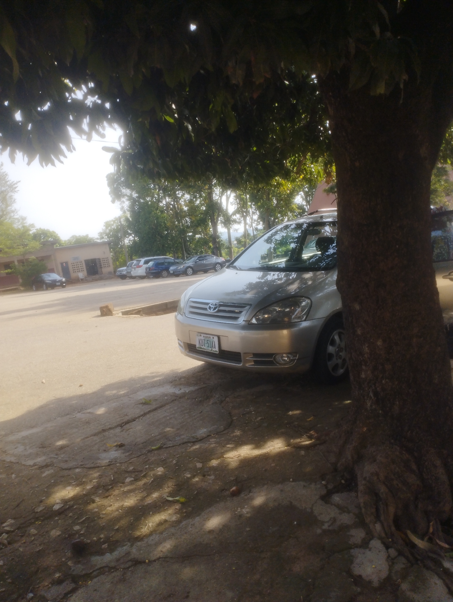 The image depicts an outdoor scene with several cars parked on a paved surface. A large tree with dark bark is prominent in the foreground, casting shadows. Behind the tree, a silver Toyota saloon car is parked, facing right. Its license plate reads "KUT-51AA NIGERIA". In the background, a light-colored building with a dark roof is visible, along with other parked cars and trees. The overall environment appears to be a public area, possibly a parking lot in Jos, Nigeria. The lighting suggests it is daytime, with sunlight filtering through the leaves of the tree.