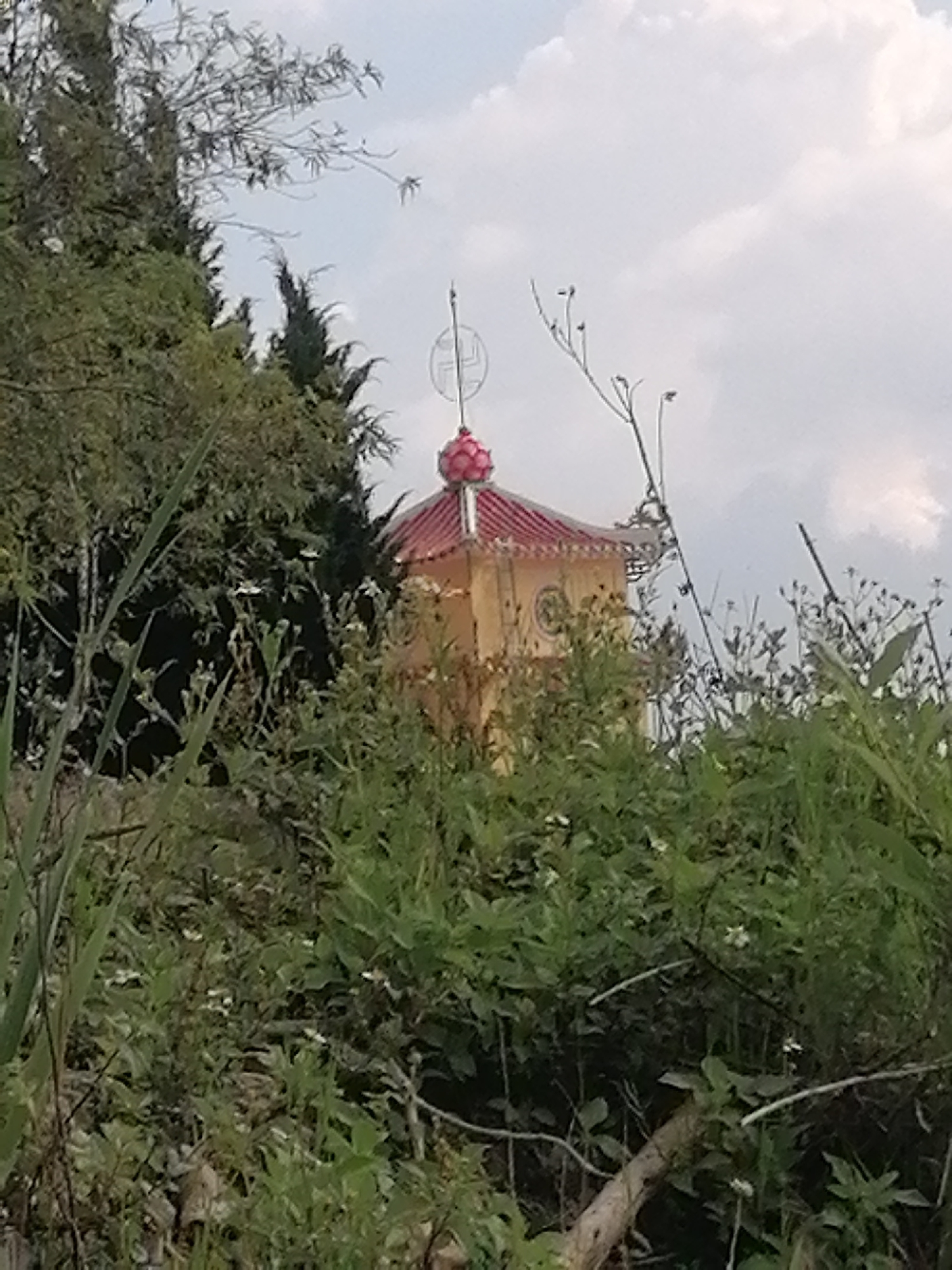 A building with a distinctive red, pagoda-style roof is visible behind lush green foliage and trees. The building has a yellow facade and a circular decoration on its upper section, with a prominent, pink, lotus-shaped ornament atop the roof. A slender, dark spire with a circular emblem at its top extends from the roof. The image appears to have been taken outdoors, with a cloudy sky in the background, suggesting it might be a slightly overcast day. The foreground is dominated by various plants, including tall grasses and leafy green vegetation, some of which have small white flowers. The overall impression is of a serene, possibly religious or cultural site, nestled amidst natural greenery. There is no visible text in the image. The scene is likely set in Lộc Quý, Vietnam, as indicated by the location context.