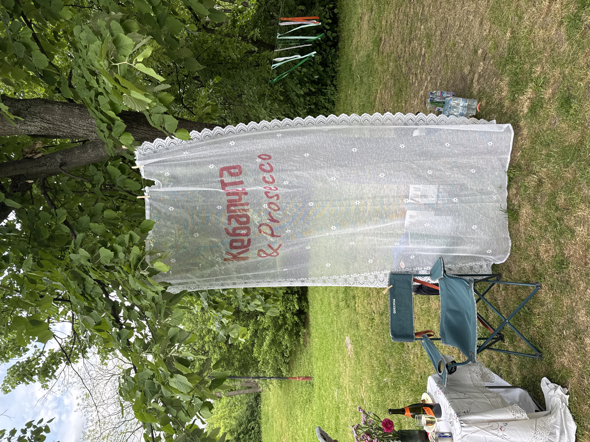 The scene depicts an outdoor picnic setting. A white, lace-trimmed curtain hangs between tree branches, displaying the text "Кебапчта & Prosecco" in red ink. Several bottles of water sit on the grass to the right of the curtain. A blue camping chair sits near a white-clothed picnic table. The table holds flowers, a bottle of wine, and glasses. The setting is a grassy area with trees. The location is in the city of Unknown, Unknown.