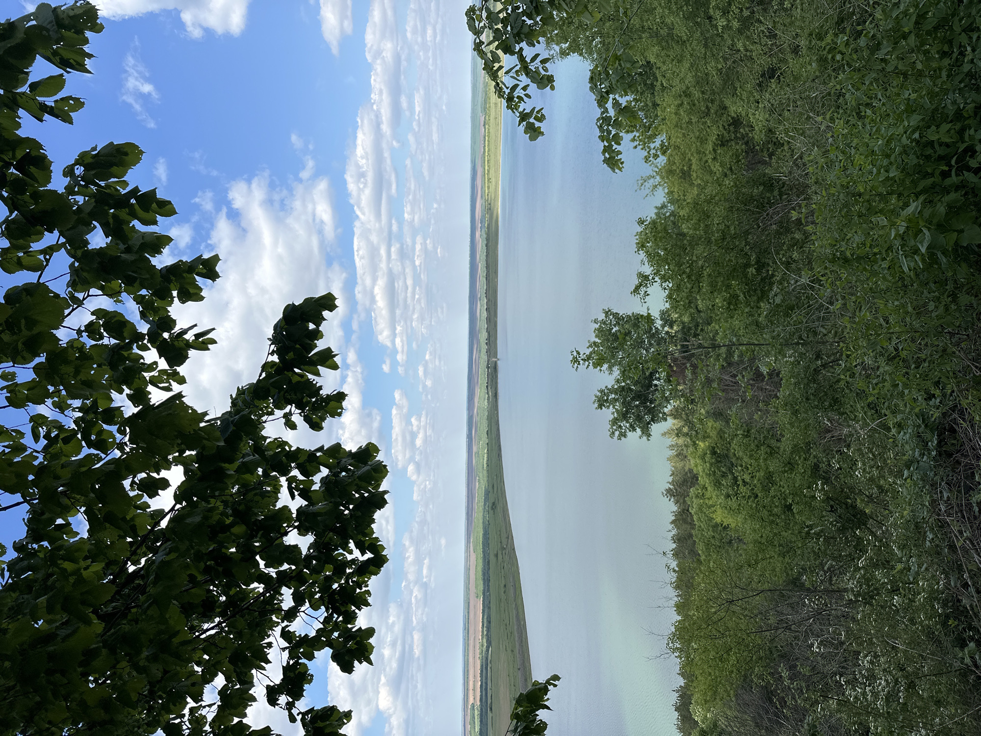 The image presents a view in Raianovtsi, Bulgaria, looking over a body of water (possibly a lake or river). A strip of land is visible in the center of the frame, separating the water expanse. On the left side, the sky is visible with a mix of blue and white clouds. The foreground features tree branches with green foliage on both sides, obscuring parts of the view. The right side is primarily covered by green vegetation, likely trees and bushes.