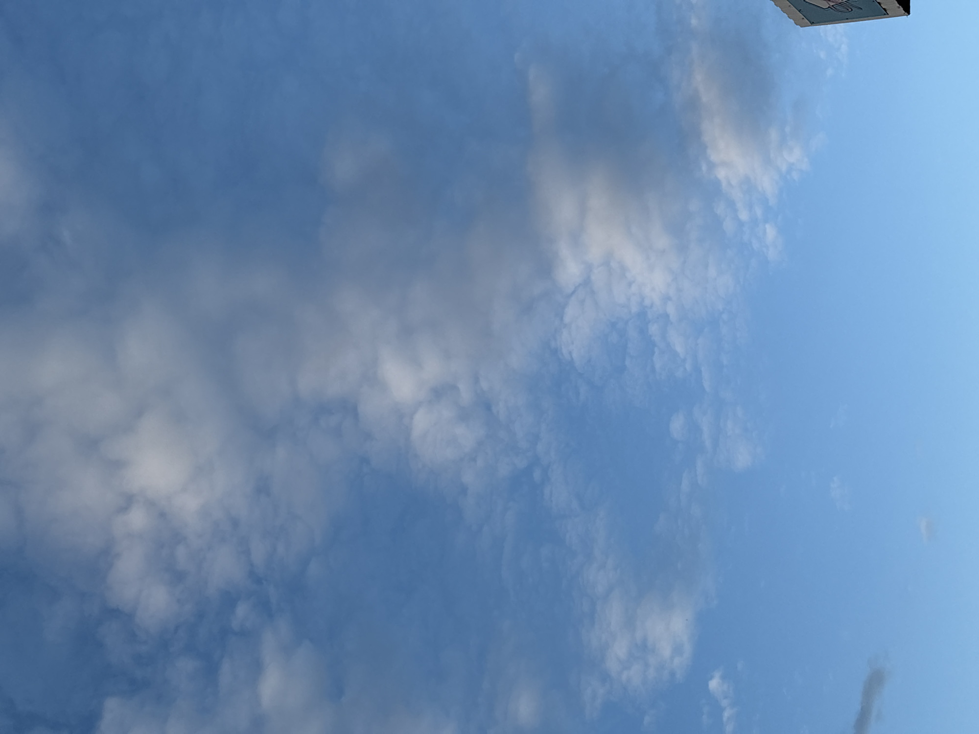 The image shows a cloudy sky on a bright day. The clouds are white and scattered across a vibrant blue sky. The light suggests it is daytime, likely morning or afternoon. A small part of a sign or banner is visible at the top of the image, suggesting it might be an outdoor setting in a populated area. No people are visible. The weather appears clear and pleasant. The location context is Mikhaylovsk, Russia, but this cannot be determined from the image itself. There is no discernible text on the sign.