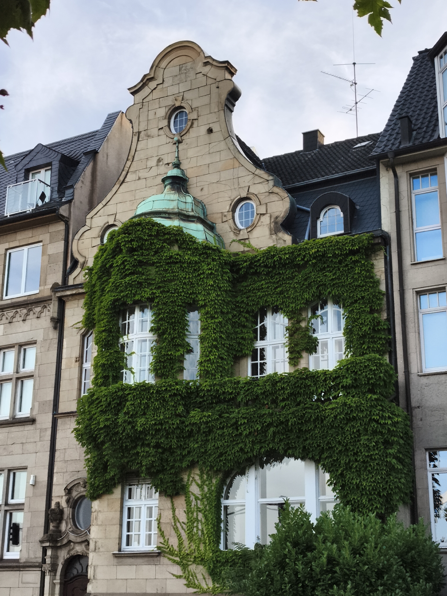 This is a low-angle, eye-level exterior shot of the facade of an older building in Dusseldorf, Germany, characterized by its light-colored stone construction and elaborate architectural details. The building features a prominent green-tiled domed structure that is almost entirely covered in dense green ivy, creating a striking visual contrast with the stone. Numerous windows are visible, including several large white-framed windows on the ivy-covered section, and smaller round and arched windows higher up on the facade. Some windows have multiple panes. A portion of an adjacent building, appearing slightly newer and with a grey facade, is visible to the right. The sky above is overcast with a few hints of blue, and some green leaves from trees frame the top of the image. There are no people or animals visible in the scene. The overall impression is one of historic architecture integrated with natural elements.