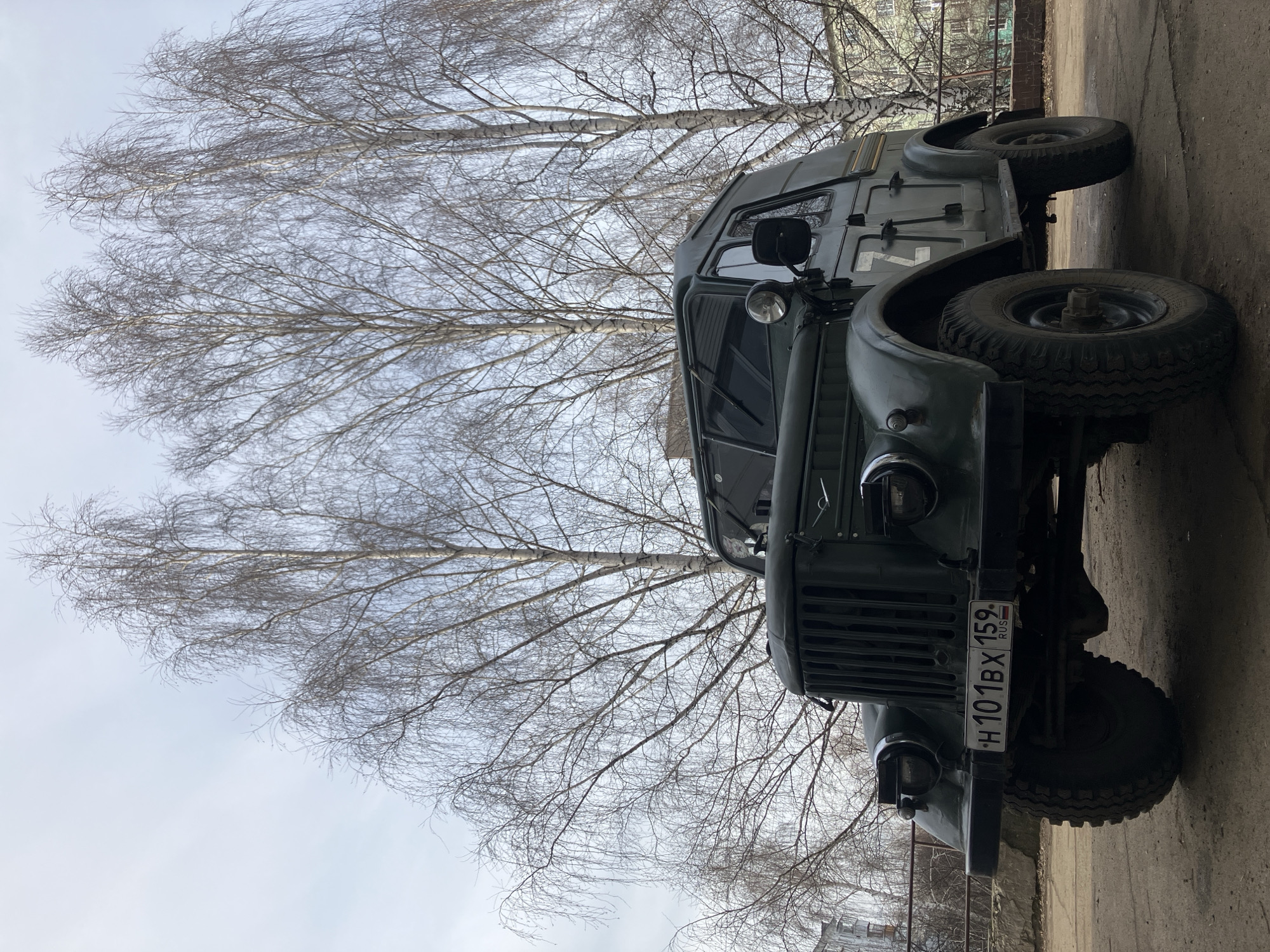 An army-green truck is parked on an asphalt surface in Chaikovsky, Russia. A large tree with bare branches fills the background, partially obscuring a multistory building. The truck has a license plate number H101BX 159 RUS. There are no people visible in the image. The environment appears to be urban and possibly industrial. The truck is facing forward from the camera's perspective.