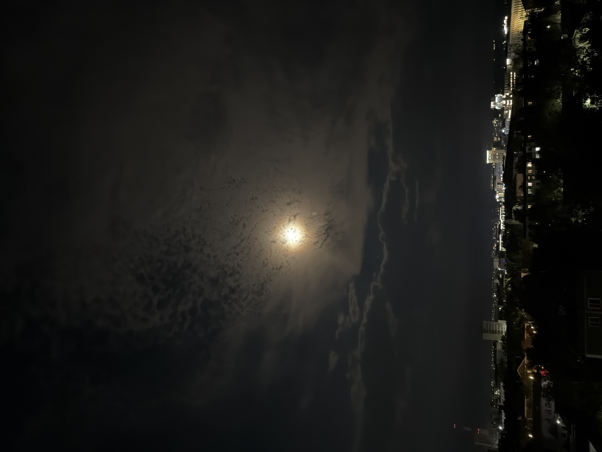 The image depicts a nighttime cityscape, likely in Pavlodar, Kazakhstan, under a cloudy sky illuminated by a bright moon. The moon is partially obscured by thin, wispy clouds, creating a halo effect. Below the sky, a sprawling urban landscape is visible, characterized by various buildings, including residential structures, office buildings, and what appears to be a radio tower with red lights on the left side of the frame. The city lights are on, casting a warm glow on the lower part of the image, and the foreground is dominated by dark silhouettes of trees and rooftops. The overall impression is one of a tranquil, moonlit night in an urban environment.