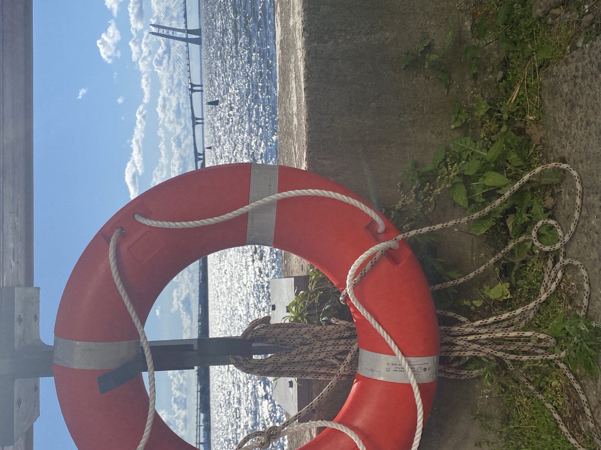 A bright orange life preserver hangs on a dark metal pole in the foreground. A thick, cream-colored rope is coiled and draped around the life preserver and the pole. The life preserver has reflective silver bands and a white label with text that is mostly illegible, but a date, "01.2028", is visible. The life preserver and rope are positioned in front of a concrete barrier, beyond which a body of water stretches out under a bright blue sky with scattered white clouds. The water is choppy and reflects the sunlight, creating a shimmering effect. In the distance, a long bridge with a distinctive cable-stayed section is visible spanning the water. The scene appears to be a waterfront location in Saint Petersburg, Russia, likely near the Gulf of Finland, given the presence of a large bridge over a body of water and the clear sky. There are no people or animals visible in the image. The environment is an outdoor setting with a view of a bridge and water.