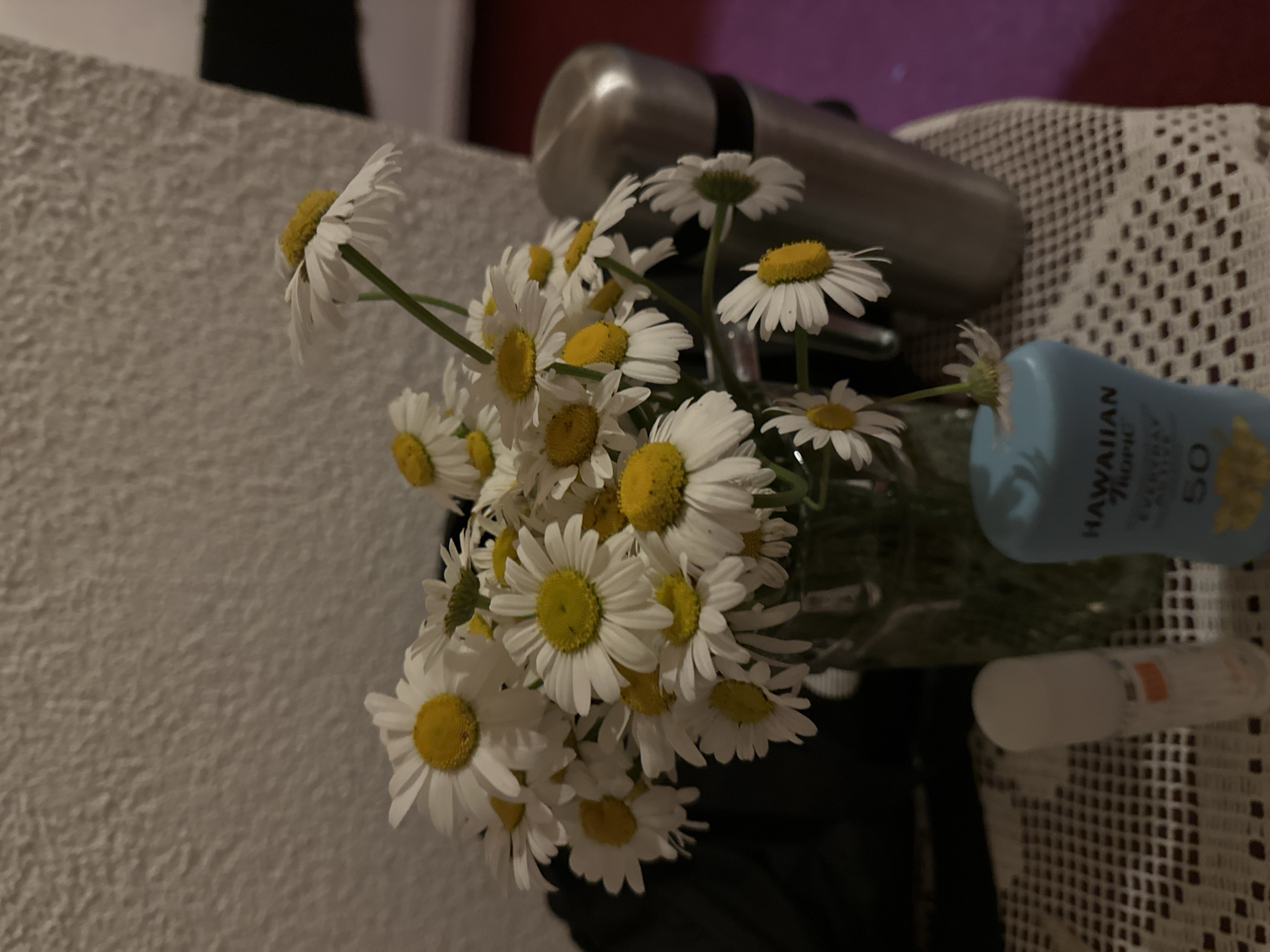 A close-up, low-angle shot captures a bouquet of daisies in a glass vase, placed on a white, crocheted doily. The daisies, with their white petals and yellow centers, are arranged densely, with some petals slightly bent. Behind the flowers, a textured, off-white wall is visible. To the right of the vase, a stainless steel thermos or water bottle stands upright. In the foreground, on the doily, are two smaller objects: a white roll-on bottle with an orange label and a blue bottle of "Hawaiian Tropic" sunscreen, also featuring the number "50". The lighting is dim, casting soft shadows and highlighting the textures of the subjects. The scene appears to be indoors, possibly in a home environment. The location is not specified in Gusinje, Montenegro.