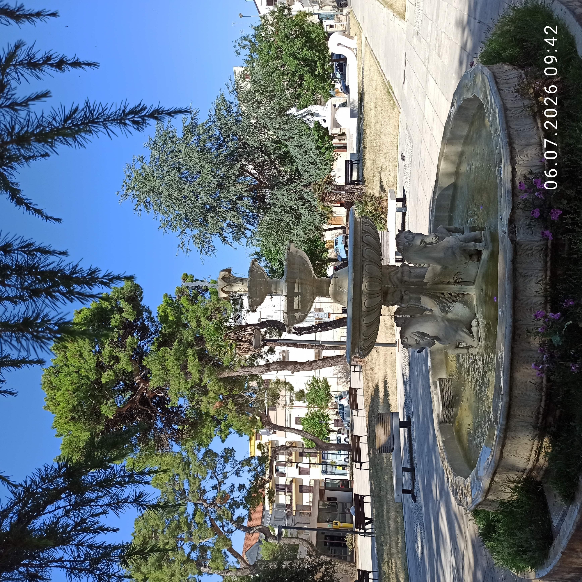 This is a medium shot of a tiered fountain in a park on a sunny day, located in Ruvo di Puglia, Italy. The fountain is made of stone and features sculpted horses at its base. Water cascades from the top tier to the lower basins, creating a gentle spray. The park has paved walkways, benches, and well-maintained grassy areas. Mature trees, including pine and cedar varieties, provide shade. In the background, buildings with apartment units are visible, suggesting an urban setting. The sky is clear and blue, indicative of pleasant weather. A timestamp in the lower right corner reads "06.07.2026 09:42". There are no people clearly visible in the foreground, but the presence of benches suggests it is a public space. The overall scene depicts a tranquil park environment.