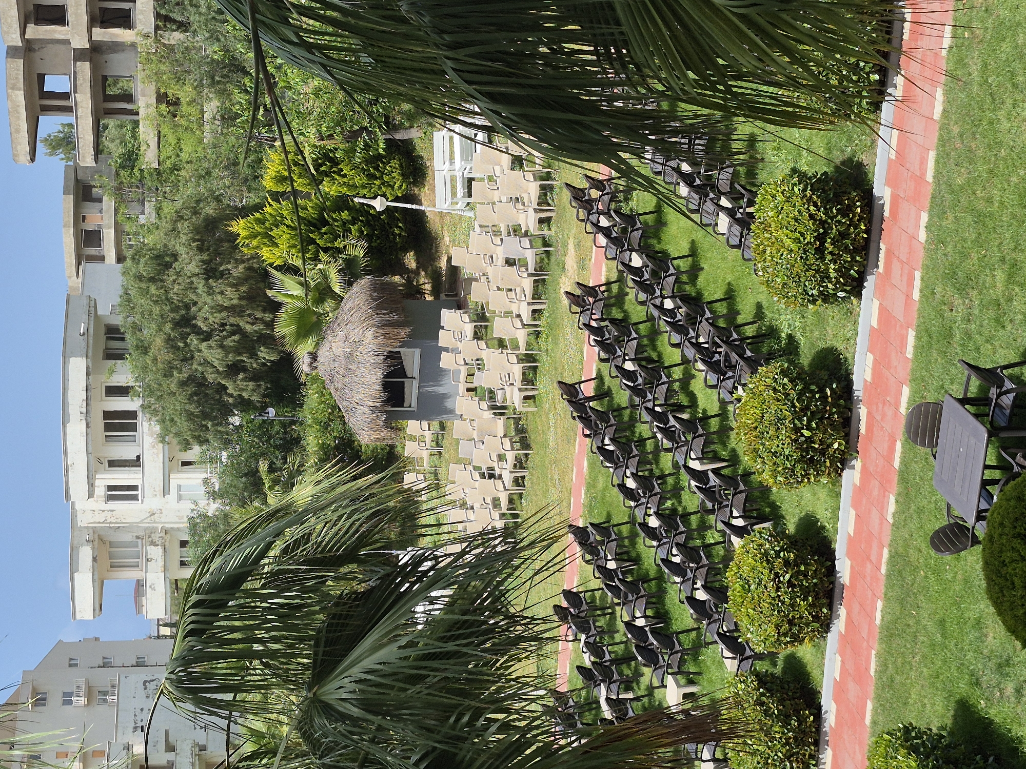 A slightly high-angle, horizontal outdoor shot captures a wedding or similar event setup in Alanya, Turkey. The rows of empty chairs face a small thatched structure near a white arch, likely the altar. A red-brick pathway runs parallel to the chair rows, bordered by small, round shrubs. In the background, the buildings of Alanya are visible under a clear, blue sky. Palm trees frame the scene, partially obscuring the view from both the left and right sides.