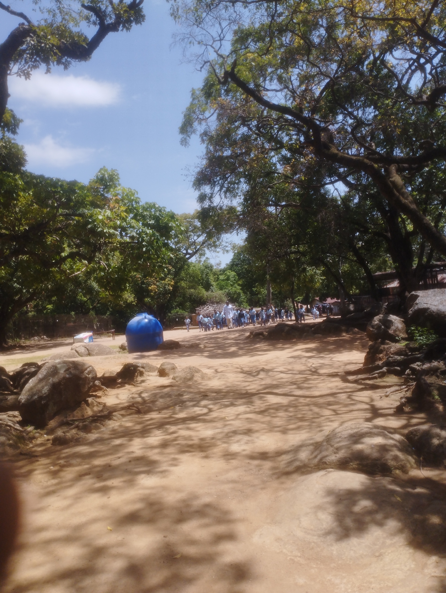 In a dusty, outdoor environment that appears to be a zoo or a park in Jos, Nigeria, a group of people, likely schoolchildren based on their uniform attire, are walking in a line. The group is dressed in light blue shirts and dark pants. They are walking on a dirt path with several large rocks scattered around the foreground and sides of the image. Behind the group, a large blue dome-shaped object is visible, possibly a water tank or part of an enclosure. The scene is shaded by the dense foliage of large trees overhead, casting dappled shadows on the ground. The sky above is blue with a few white clouds.