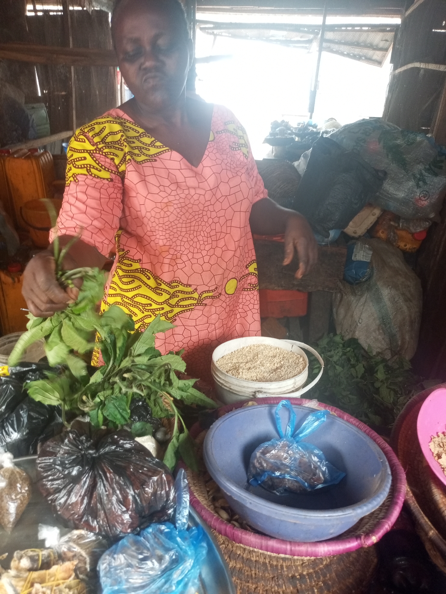 In an indoor market setting in Sabon Tasha, Nigeria, a woman stands behind a display of produce. She wears a pink and yellow patterned dress and holds a bundle of leafy green vegetables in her left hand. The market stall features several items: a white bucket filled with light-colored grains, a blue plastic bowl containing a plastic-wrapped object, and various items wrapped in black and blue plastic bags. The stall also includes woven baskets and additional leafy greens. Bags of goods are stacked behind the stall. The lighting is bright overhead but diffused.