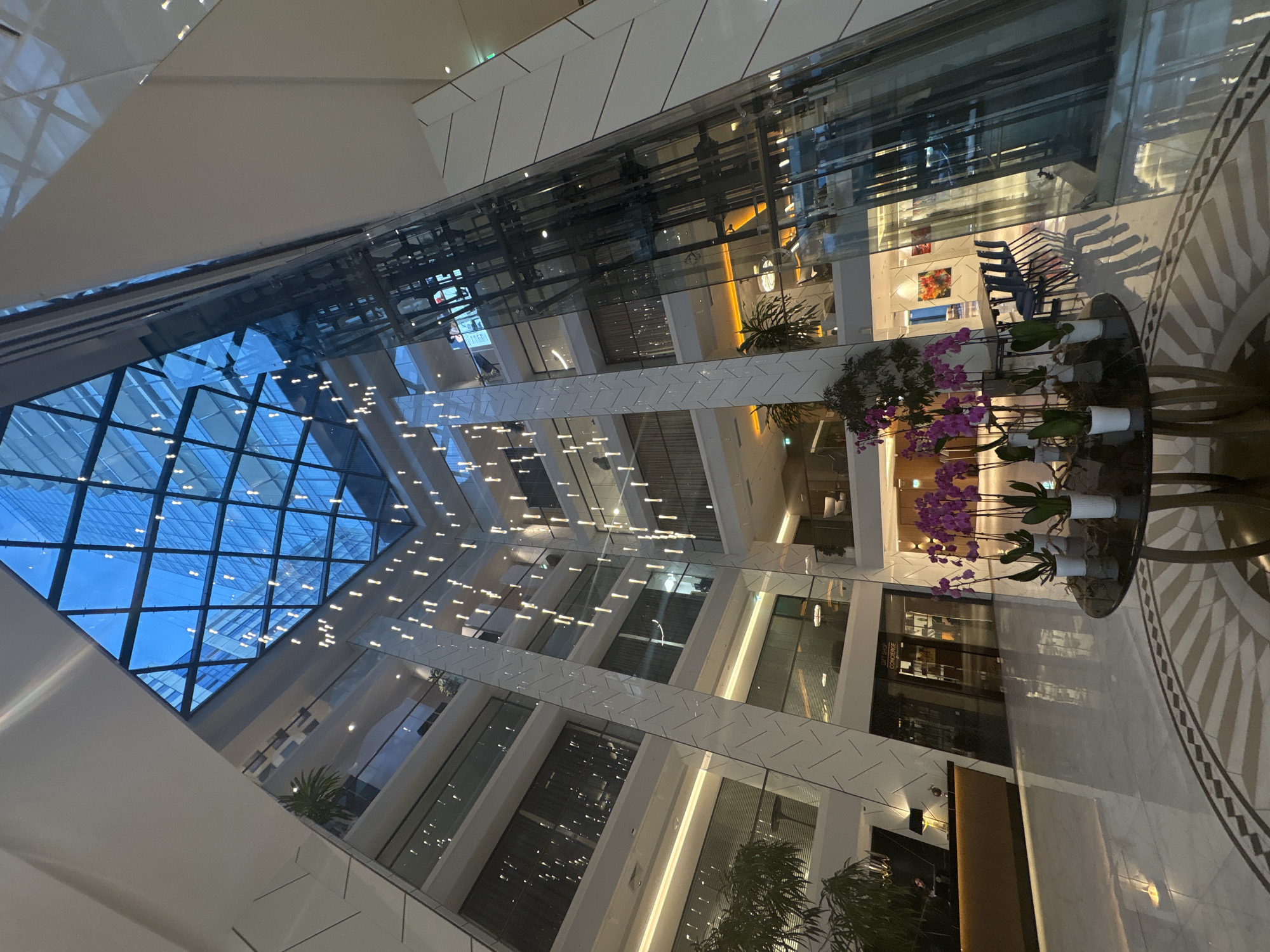 This image captures the interior of a modern, multi-story building, likely an atrium or lobby of a hotel or commercial complex in Sofia, Bulgaria. The perspective is upward-looking, emphasizing the height and expansive, glass-dominated architecture.
The scene features a large, gridded glass ceiling or skylight through which a blue sky is visible, suggesting either late afternoon or early evening. Below this, numerous small, bright decorative lights are suspended at varying heights, creating a 'starry' effect that reflects extensively on the building's glass surfaces. The architecture is characterized by clean lines, white and light grey walls, and numerous glass panels that form railings, partitions, and facades of the different floors. These reflective surfaces multiply the visible lights and structural elements.
In the lower right foreground, a circular table holds several potted orchids with vibrant purple flowers, adding a natural and colorful element to the contemporary design. The adjacent floor displays an intricate geometric pattern. While no people are clearly visible, reflections suggest movement or distant figures. Faint text, possibly "CONCIERGE," is discernible on a glass door or sign on one of the lower levels, hinting at the building's function. The extensive indoor lighting indicates an evening setting, creating a sophisticated and serene atmosphere within the grand space.