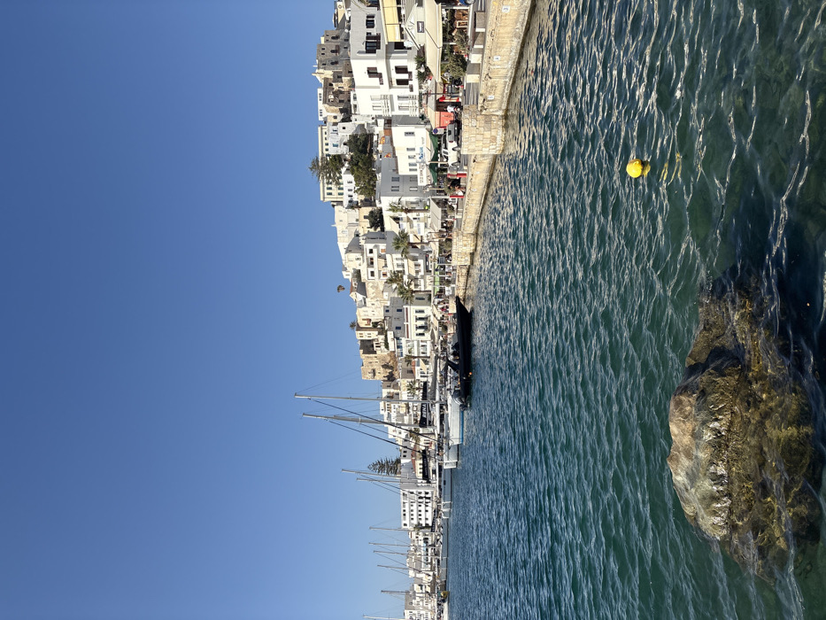 The image depicts the main harbor and waterfront of Naxos Chora, Naxos Island, Greece, viewed from the water. The foreground features calm, teal-blue water with a large, dark, partially submerged rock on the lower left and a bright yellow spherical buoy floating in the mid-right. Along the right, a light-colored stone quay functions as a pedestrian promenade, lined with various moored vessels including multiple white sailboats with visible masts and rigging, and a dark-colored rigid inflatable boat. Indistinct human figures are visible walking on the promenade and seated at outdoor tables of businesses fronting the harbor. A white pickup truck and other vehicles are parked on a street behind the promenade. The background is dominated by the densely packed white and light-colored Cycladic buildings of Naxos Chora, climbing up a hillside. Scattered green trees and shrubs are interspersed among the structures, with the elevated, more weathered buildings of the historic Kastro (castle) visible towards the top left of the hillside. The sky above is clear and deep blue, indicating bright, sunny conditions.