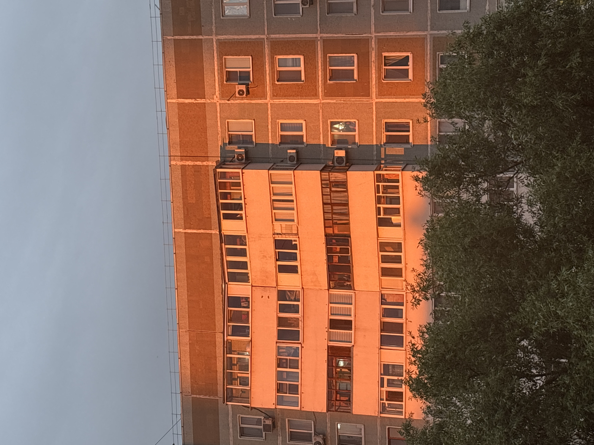 The image shows a residential building in Kazan, Russia, illuminated by the orange glow of sunset. The building is a multi-story apartment block with a repetitive facade, featuring numerous windows and balconies. Some balconies are enclosed with glass, while others are open. Air conditioning units are visible on the exterior walls. The top of the building is bordered by a metal railing. In the foreground, a dense canopy of green trees partially obscures the lower floors of the building. The sky above is overcast, with a gradient from a lighter hue near the horizon to a darker shade higher up. The overall scene depicts a typical urban residential area during sunset.