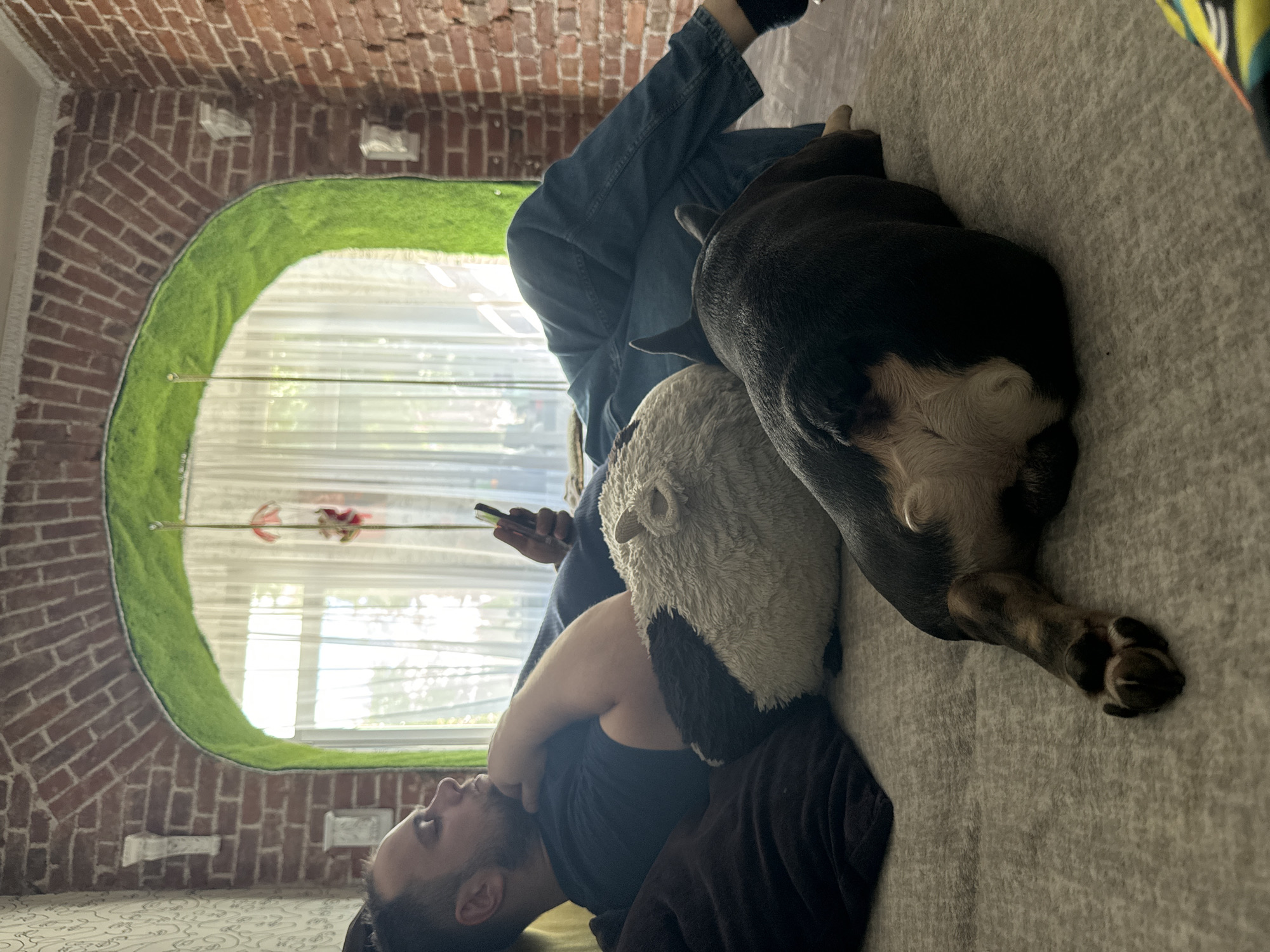 A man in a dark blue t-shirt and blue jeans is lying on a bed, looking at his phone. Next to him, a black and white dog is also lying down. The room has a brick wall and a large arched window covered by white curtains. The man is propped up on pillows. The dog's hindquarters are visible in the foreground, and its paws are resting on the bedspread. The scene appears to be indoors, possibly in an apartment in Saint Petersburg, Russia, given the architectural style of the brickwork and arched window, which is reminiscent of some loft or historical building conversions found in the city.