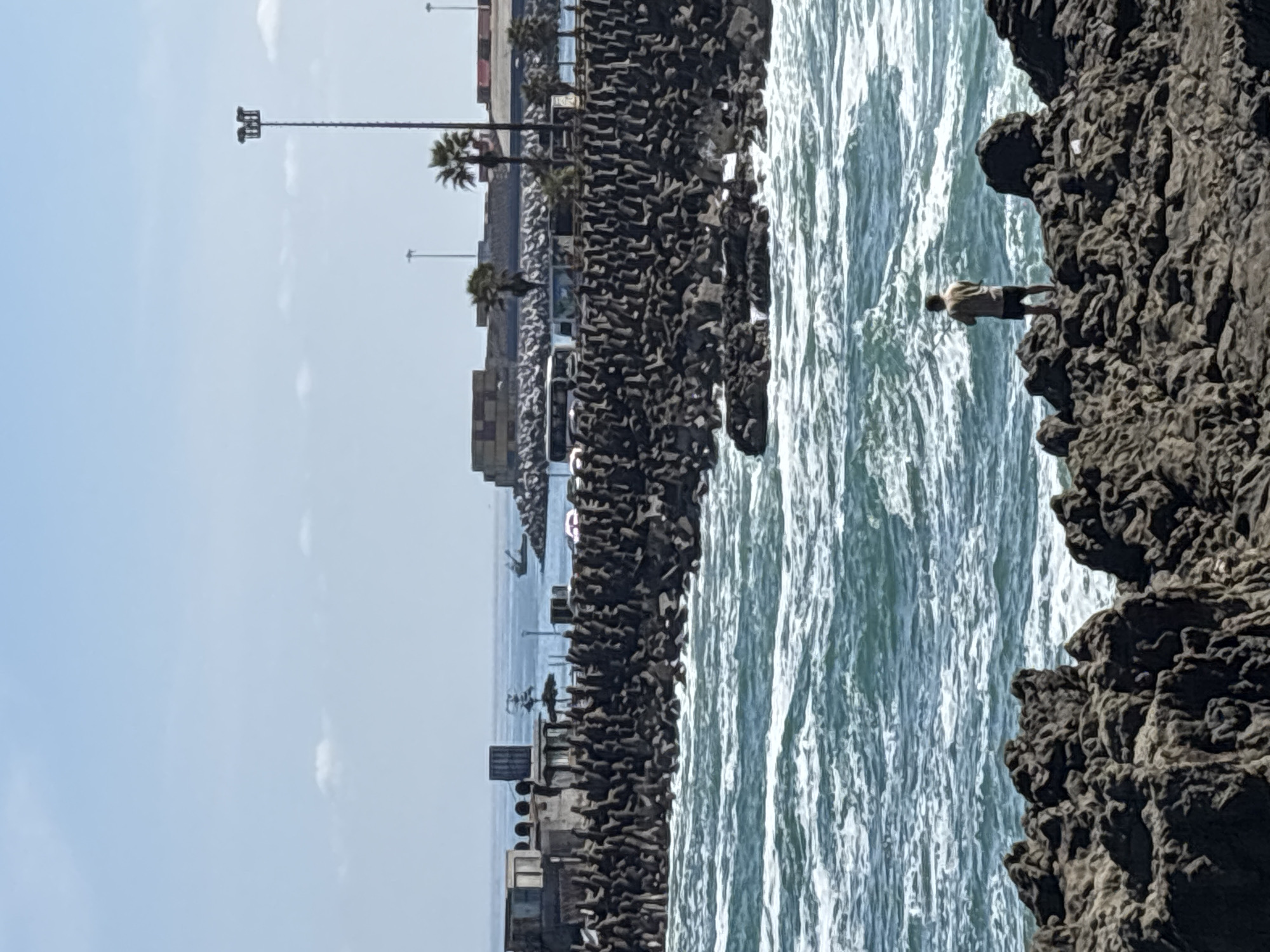 The image captures a coastal scene in Arica, Chile, depicted from an elevated viewpoint looking towards the ocean and coastline. The scene is dominated by a rugged, dark rock formation in the foreground on the right, extending towards the viewer. On this rocky outcrop, a single person is standing, facing the turbulent, light blue-green ocean waves that crash against the shore. The person is wearing a light-colored shirt and dark shorts, appearing to observe the water or perhaps engaged in an activity like fishing, though details are indistinct due to distance.
To the left of the rocky foreground, a substantial breakwater or sea wall, constructed from numerous dark, interlocked tetrapods, runs horizontally across the frame. This man-made structure separates the open ocean from a more sheltered area or further land. Along the top of the breakwater, several palm trees are visible, interspersed with tall light poles. In the background, beyond the breakwater, various buildings and structures, some resembling industrial or port facilities, can be seen, suggesting an urban or semi-urban coastal environment. Small boats or vessels are also discernible in the distant water near the coastline.
The sky is a clear, light blue with a few scattered, wispy white clouds, indicating a bright, sunny daytime setting. The weather appears fair, with the choppy water suggesting some wind or ocean swell. No discernible text is visible in the image. The overall impression is one of a dynamic coastal landscape blending natural rock formations with human infrastructure.