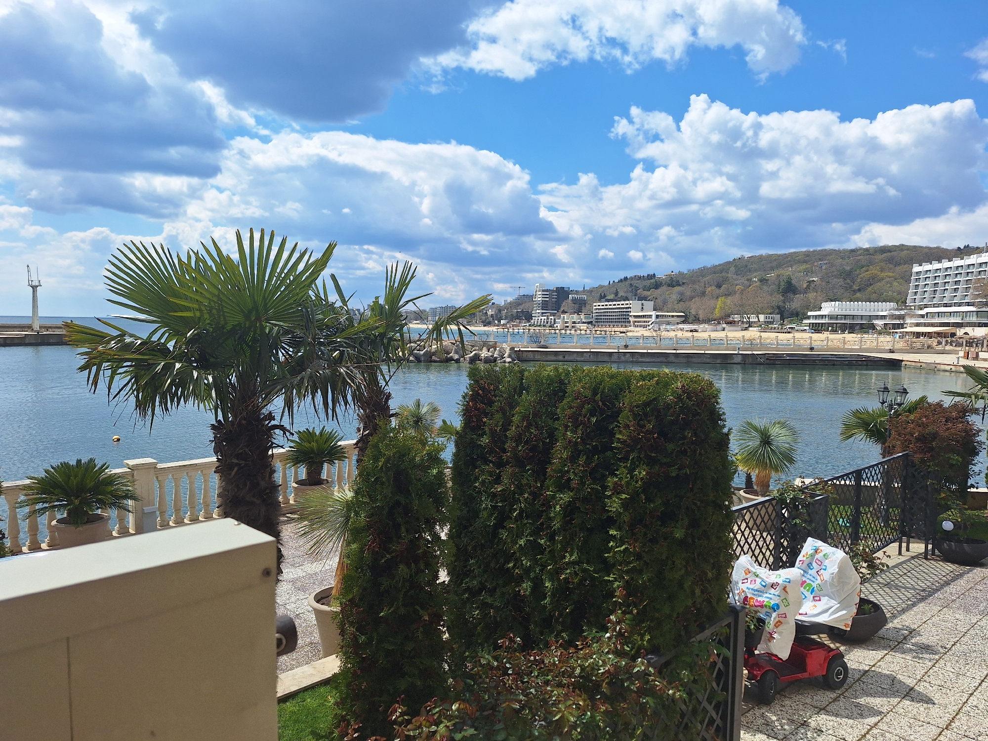 The image shows a view from a balcony or patio overlooking the sea in Varna, Bulgaria. A palm tree and other potted plants adorn the area. A white balustrade is visible on the left. In the background, across the water, is a coastline with buildings, some of which appear to be hotels or resorts. The sky is bright blue with scattered white clouds. A small red toy car with shopping bags on the seat is visible in the foreground. The harbor with a breakwater is visible to the left, and on the other side a boardwalk leads to the beach.