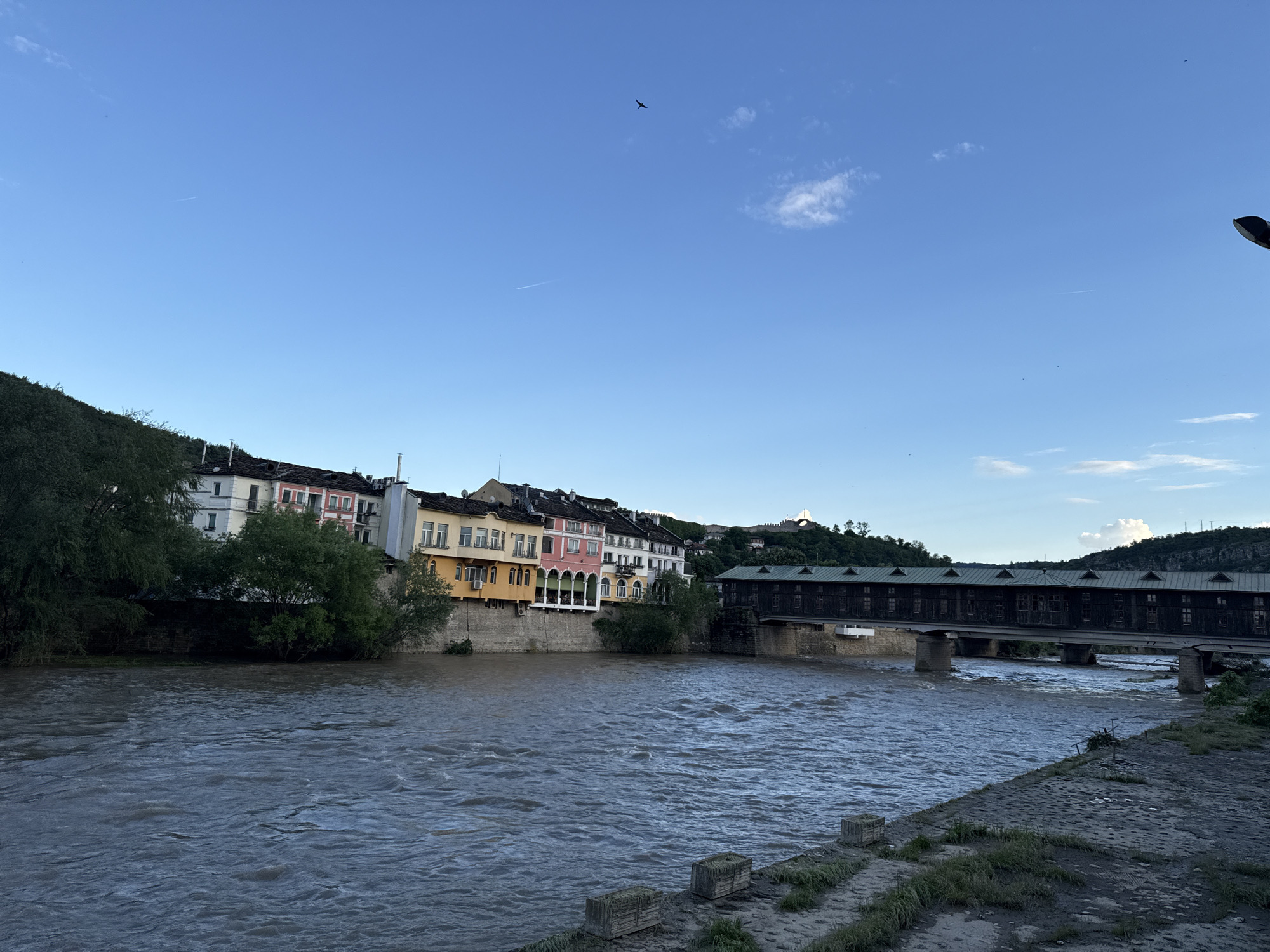 The image shows the Osam River flowing through Lovech, Bulgaria. On the left bank, there is a row of buildings with facades painted in white, pink, yellow, and brown. A covered bridge spans the river, connecting both banks. The river's water level is high, and the water appears muddy. The sky is blue with some clouds. There is a bird visible in the sky. A paved embankment runs along the right bank of the river.