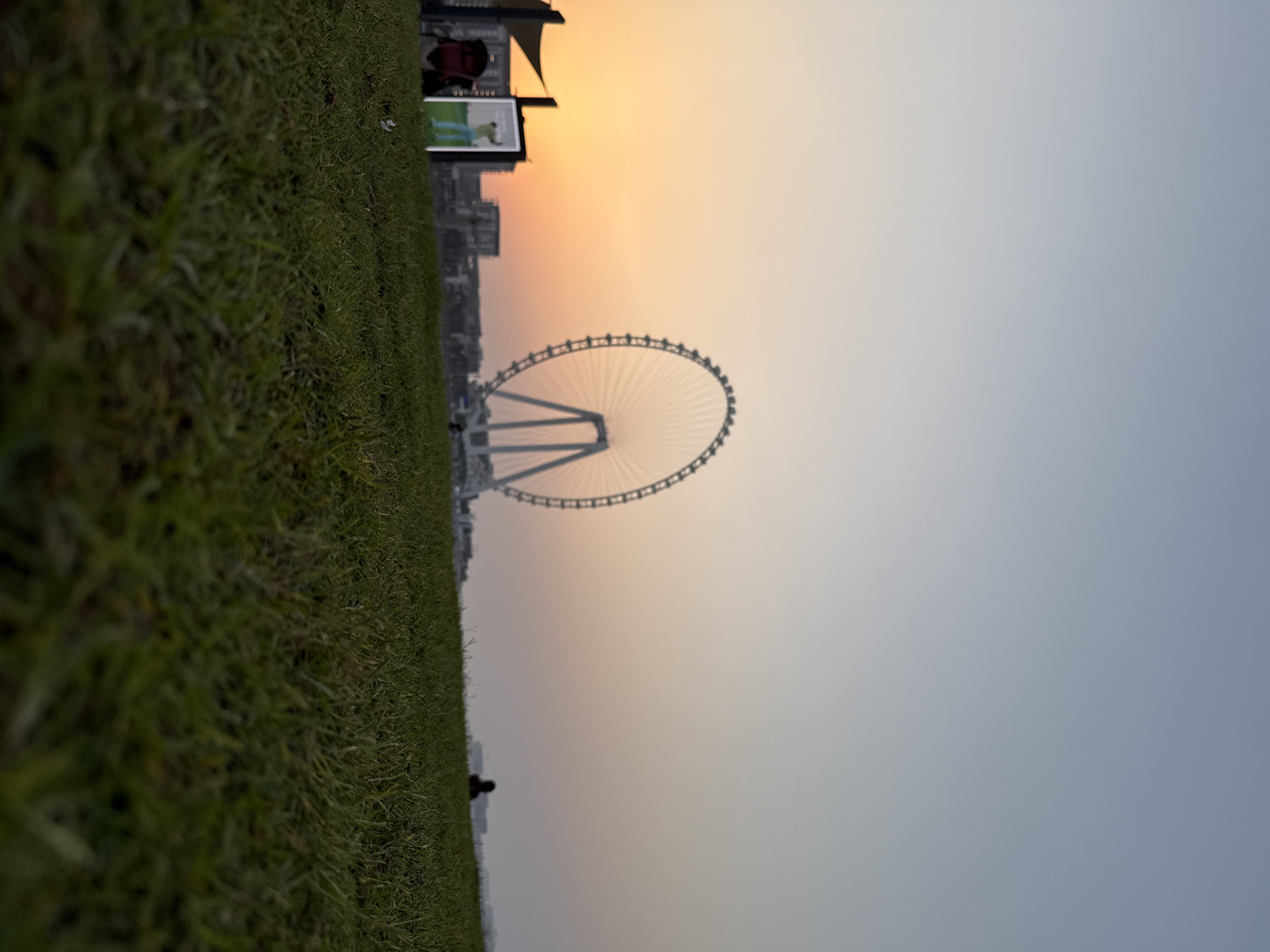 The image depicts a low-angle view of a grassy hill against a dusky sky, with the Ain Dubai Ferris wheel prominently featured in the background. The Ferris wheel, illuminated and silhouetted, stands tall over a cityscape that includes various buildings. The sky transitions from a warm orange hue near the horizon, indicative of a sunset, to a pale blue overhead. To the left, a person is partially visible behind a display screen showcasing a golfer. Another solitary figure is seated on the grass in the middle distance to the right. The foreground is dominated by the texture of the grass, some of which is out of focus. The scene suggests a public park or open space in Dubai, United Arab Emirates, likely near the Bluewaters Island area where Ain Dubai is located.