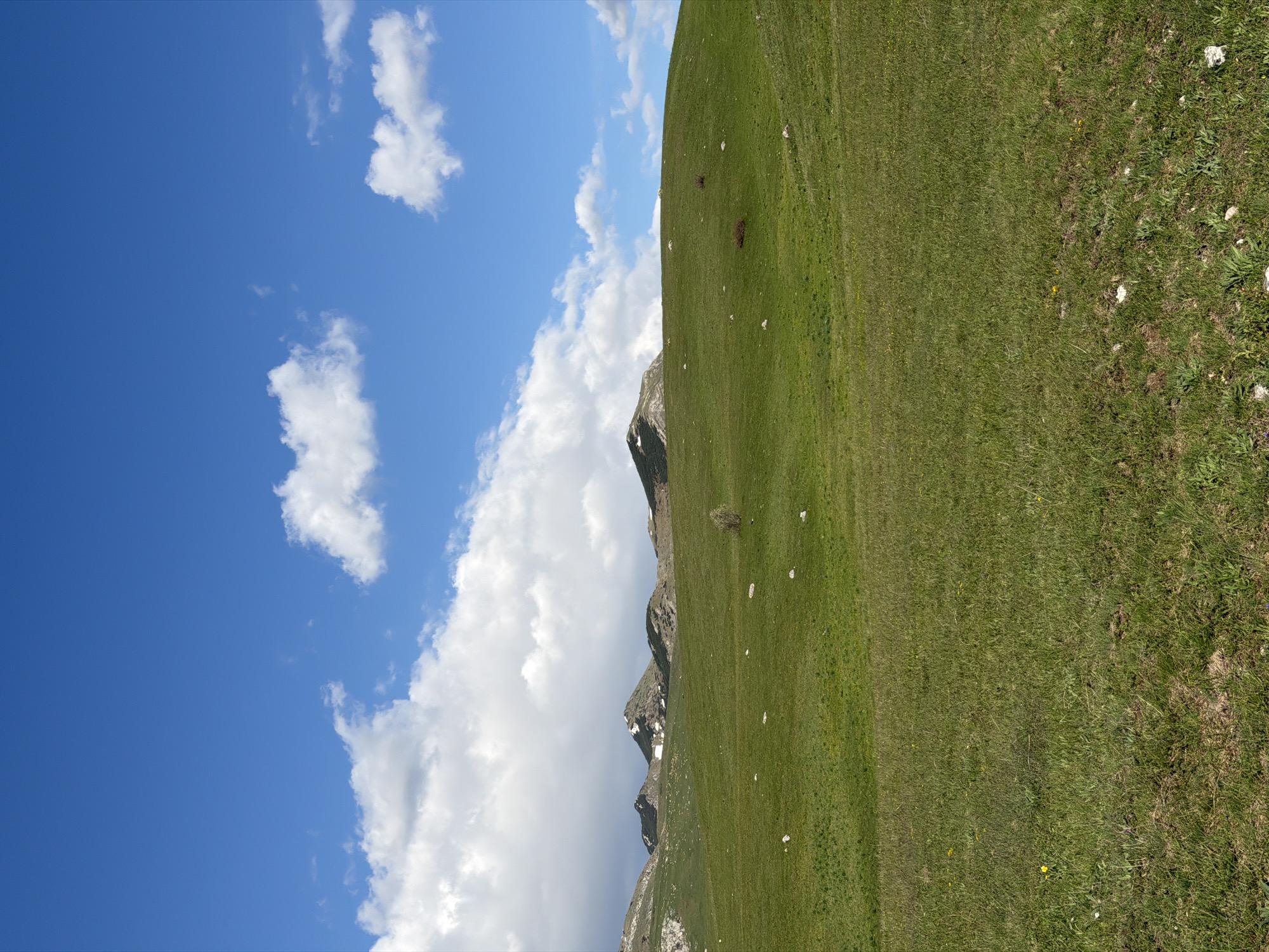 The image shows a mountain scene, likely in Pišče, Montenegro. A grassy hillside occupies the right side of the frame, sloping upwards. The left side is filled with a blue sky interspersed with white clouds. The top of the mountain has a rocky edge with some residual snow near the top. Some rocks and grass on the hillside and in the distance.