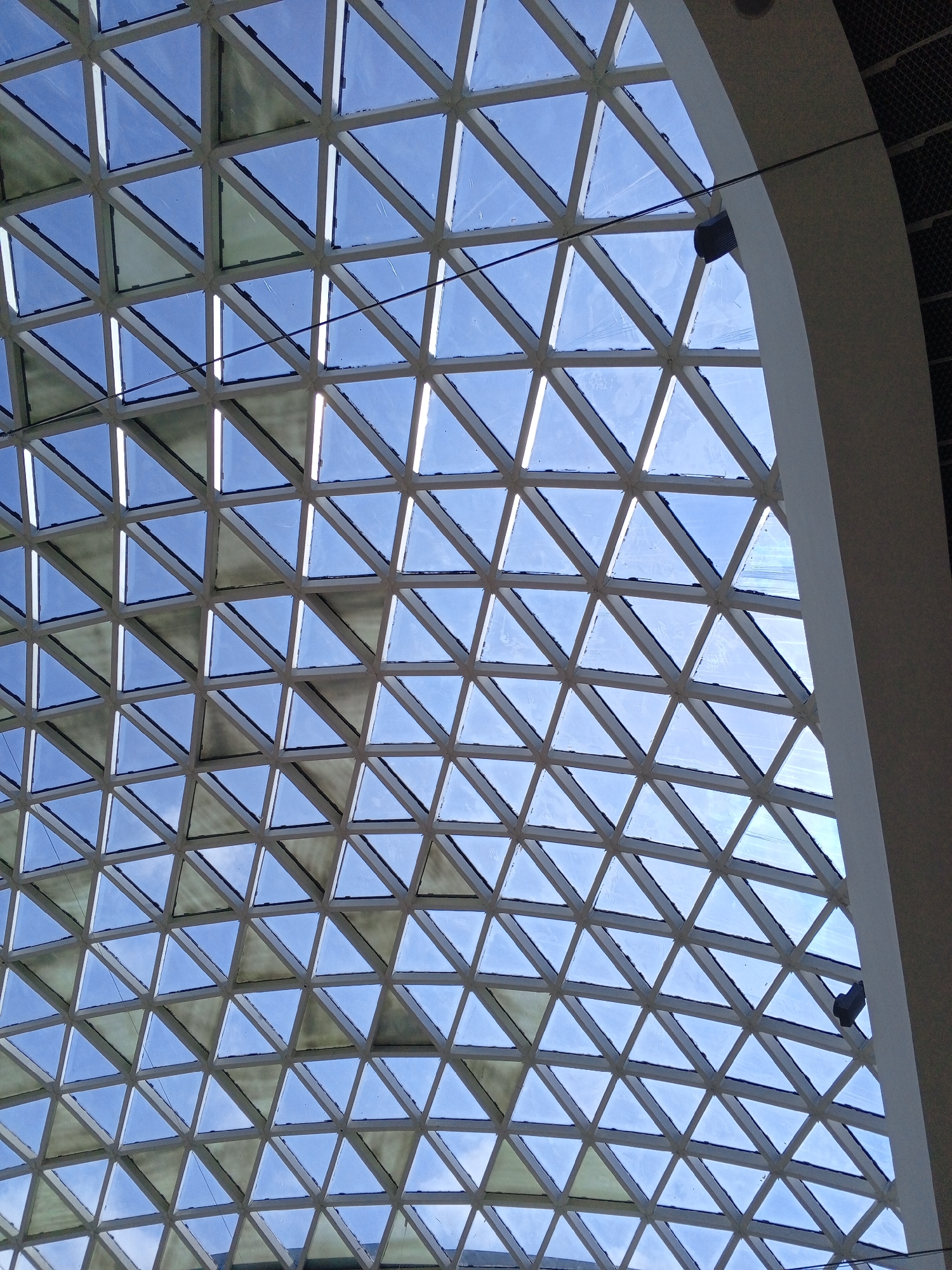 The image shows the geodesic dome roof of the Olympic Park's "Bolshoy Ice Dome" in Sochi, Russia. The roof is composed of a grid of triangular glass panels supported by a white metal frame. The sky is visible through the translucent panels, creating a pattern of light and shadow. In the upper right corner, a curved white architectural element frames the dome, and a black cylindrical object, possibly a speaker or light fixture, is attached to the edge of the dome's support structure. A thin black cable runs across the dome, partially obscured by the frame. The overall impression is one of modern architecture and vast open space.