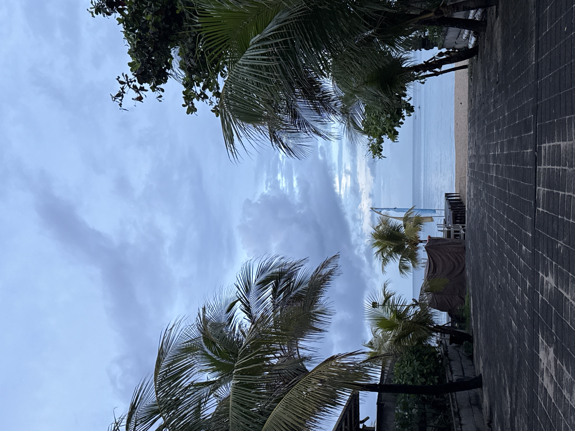 This landscape image depicts a serene coastal scene in Kuta, Indonesia, viewed from a paved walkway looking towards the ocean under an overcast sky.
The sky is filled with thick, grey and white clouds, indicating a cloudy or overcast day, with glimpses of brighter, diffused light breaking through in vertical streaks. Numerous lush green palm trees, with their characteristic fronds, frame the scene, appearing in the foreground, mid-ground, and along the coastline, creating a tropical ambiance. Other dense green foliage also contributes to the verdant setting.
In the foreground and extending along the right side of the image is a dark, patterned paved surface, possibly a walkway or patio, suggesting a resort or public promenade area. This path borders a strip of light-colored sandy beach. Beyond the sand, a calm, blue-grey ocean extends into the distance, reflecting the muted tones of the sky.
On the water, a white sailboat with a visible mast and sail can be seen, hinting at recreational activities. Closer to the beach, partially obscured by vegetation, are some covered structures, possibly tents, umbrellas, or shaded seating areas for beach-goers. No people are visible, contributing to the tranquil atmosphere.
The time of day appears to be either early morning or late afternoon, given the soft, diffused light, or simply a day without direct sunlight. The overall mood is peaceful and calm. There is no visible text in the image.