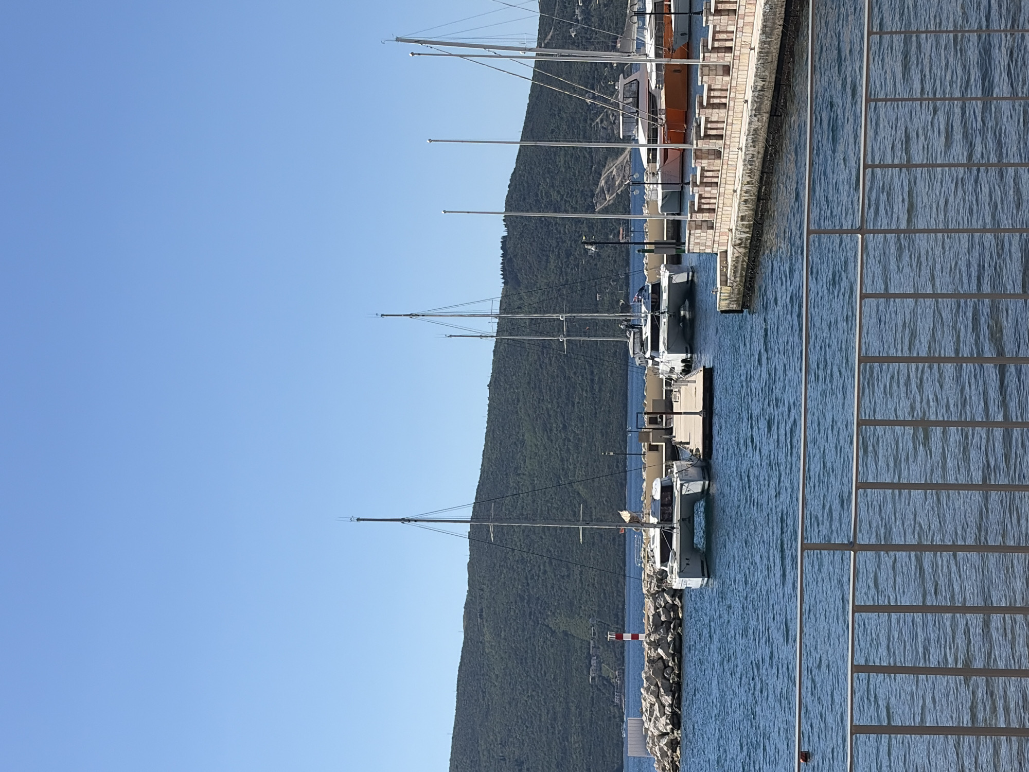 The image depicts a marina scene in Meljine, Montenegro. Several sailboats with tall masts are docked along a stone pier. A lush, green hillside rises behind the marina, contrasting with the clear, blue sky. The water in the marina is calm with gentle ripples. A red and white lighthouse is visible at the end of one of the docks. A barrier or fence runs along the right side of the image, suggesting the viewpoint is from a higher vantage point. There are no visible people.