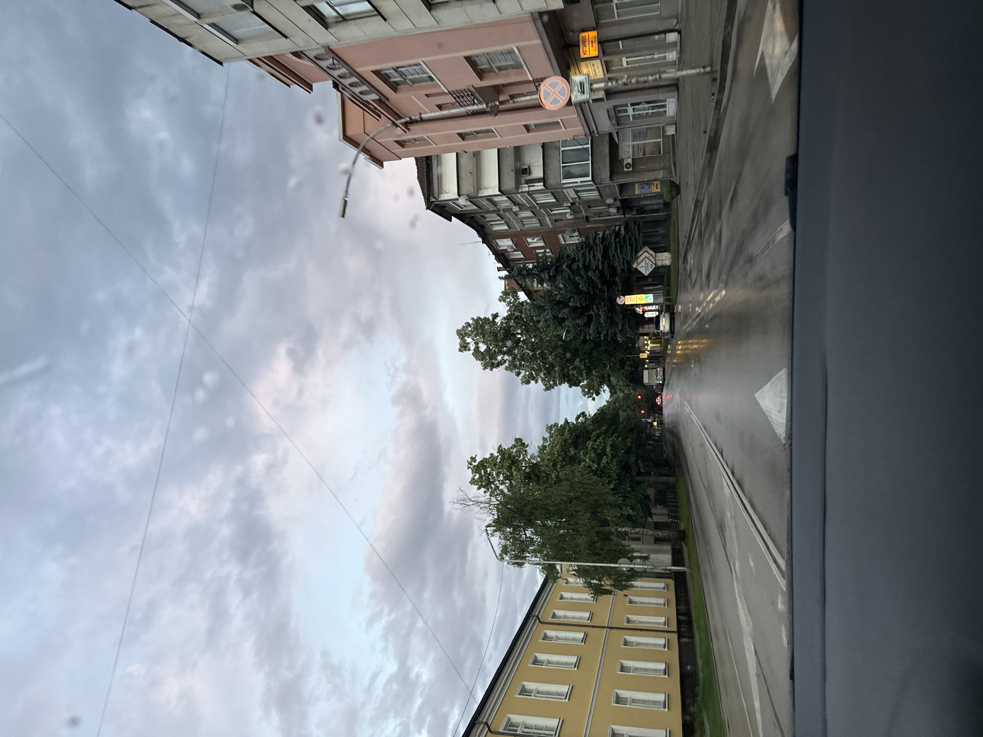 The image captures a street scene in an urban environment, viewed from inside a vehicle, indicated by the dark framing on the right. The perspective suggests looking forward along the street.
The scene features a wet asphalt road, indicating recent rain or mist. White road markings are visible, including a solid line and a broken line. On the left side of the street, there is a multi-story building with a yellow facade and numerous white-framed windows. Trees with green foliage line this side of the road further down.
On the right side of the street, several multi-story buildings of varying architectural styles are present. One prominent building has a pinkish-beige facade with balconies. Attached to this building, or a nearby structure, is a circular "No Stopping" (prohibited parking/stopping) sign, red with a diagonal white cross. Below it, a yellow sign with black Cyrillic text is visible, which appears to say "СТОМАТОЛОГ" (Dentist). Another building further down on the right has a grey facade with multiple windows and air conditioning units. Trees are also visible along this side of the street, partially obscuring the buildings.
The sky is heavily overcast with dense, grey clouds, suggesting either an approaching storm, recent rain, or late evening. Overhead power lines or utility cables crisscross the sky. Several streetlights and illuminated signs from businesses are visible in the distance, indicating it might be dusk or a very dark, cloudy day. No people are visibly present in the frame. The overall atmosphere is quiet and subdued due to the weather and lighting.