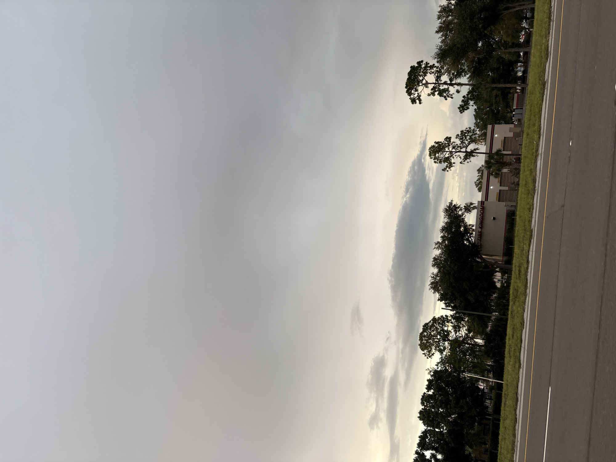 The image shows a commercial building with "TIRE KINGDOM" signage, located in Bradenton, Florida, United States. The building appears to have a beige facade with red trim and large garage doors. It is surrounded by trees and a grassy area. In the foreground, a road with white and yellow lane markings is visible. The sky is overcast with muted colors, suggesting either dawn or dusk. No people are present in the image.