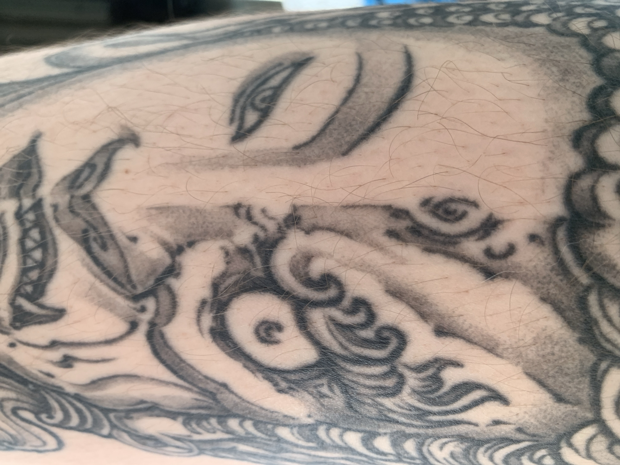 The image shows a close-up of a tattoo on a person's leg. The tattoo appears to be a portrait, possibly of a deity or mythical figure, with intricate details and shading. The skin is visible with fine hairs. The lighting is natural and the background is out of focus, suggesting the photo was taken in an indoor environment. The location is specified as Stavropol, Russia, though no visual elements in the image directly confirm this.