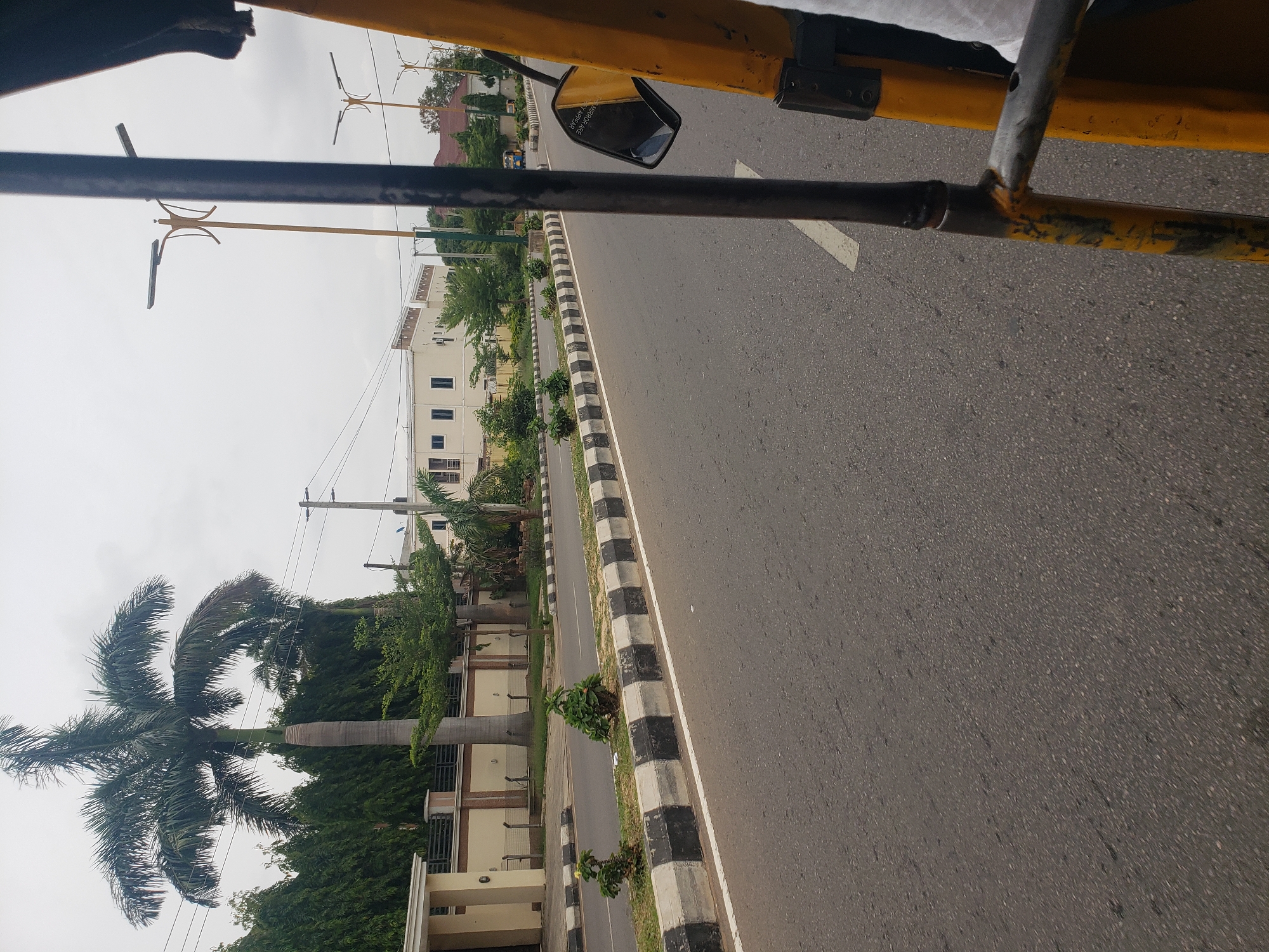 A view from the perspective of someone inside a yellow auto-rickshaw, looking forward and slightly to the left, on a paved road in Kaduna, Nigeria. The road features a white line marking the lane and a curb with alternating black and white rectangular blocks. Beyond the curb, there is a strip of grass with small, green plants. On the left side of the road, a tall palm tree is visible, along with a building with a beige facade and dark-paneled fencing. Further down the road, several other buildings and trees are present. The sky is overcast. Streetlights with modern designs are also visible along the road. The right side of the image shows the yellow frame of the auto-rickshaw and a side mirror.