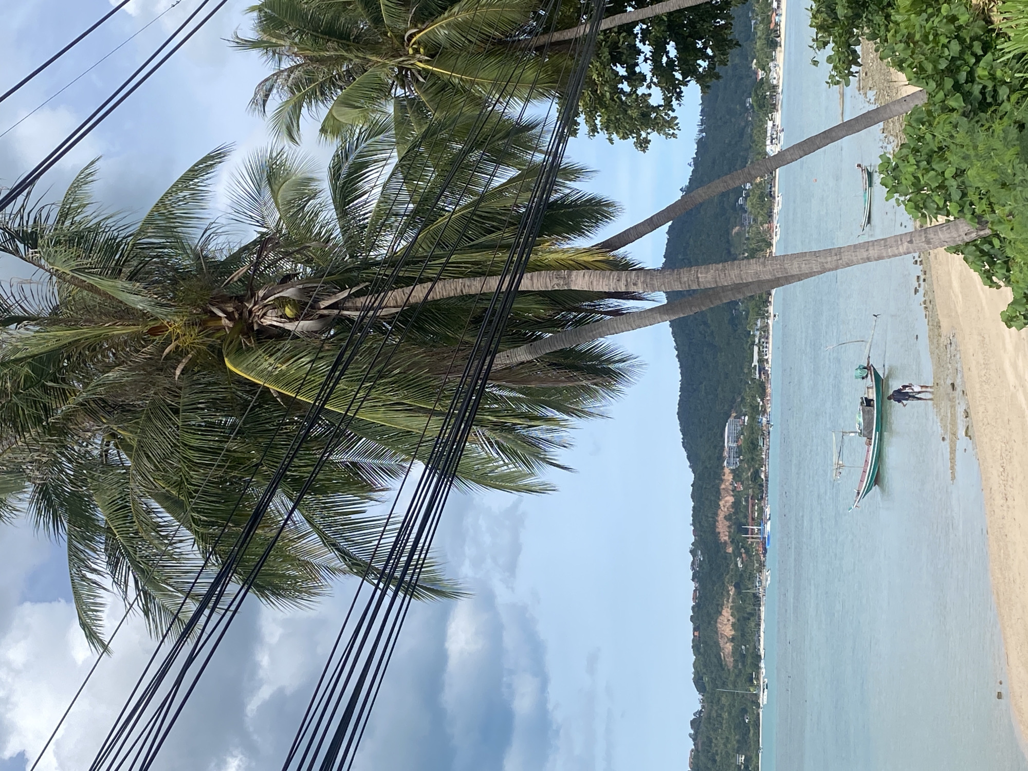 The image depicts a coastal scene in Baan Bang Rak, Thailand, under a partly cloudy sky. The upper portion of the frame is dominated by numerous black utility lines stretching horizontally and diagonally across, intersecting with the fronds of several large coconut palm trees. The trees feature green foliage and visible coconuts on their trunks.
In the midground, a light sand beach with scattered rocks and exposed coral transitions into a calm, light blue-green body of water. A small, traditional fishing boat with a green hull, white trim, and an overhead canopy is partially beached in the shallow water on the left side of the frame. Two individuals are present near this boat. One person, wearing dark attire, stands in the water next to the boat's stern, while a second person, wearing light-colored shorts, stands slightly behind and to the right, closer to the sandy shore. Further out in the water to the right, another smaller, white boat is visible. The lower right corner contains dense green foliage.
The background reveals a distant, tree-covered mountainous coastline. Numerous buildings, including houses and what appear to be resort structures, are scattered along the hillsides and the distant shore. Several larger boats, including sailboats, are anchored in the bay further beyond the foreground activity.