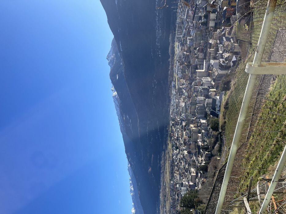The image, viewed upright, captures a sweeping panoramic vista of a town nestled within a valley, dramatically flanked by towering mountains under a bright, clear blue sky.
The left side of the frame is dominated by a vast, dark mountain range, its rugged peaks and upper ridges dusted with patches of snow. Subtle streaks of sunlight or atmospheric haze are visible on the mountain's face.
Across the middle and right side of the image lies a sprawling town, characterized by a dense concentration of buildings. These multi-story structures, featuring roofs in various shades of grey and brown, stretch extensively across the valley floor, hinting at a lively urban center. Pockets of green vegetation and scattered trees are interspersed among the buildings and along the valley, softening the urban landscape.
In the immediate foreground, a white or light-colored metal railing extends diagonally from the bottom right, suggesting the vantage point of the photographer is from an elevated position. Below this railing, a terraced slope is visible, covered with dry, vine-like structures or trellises, and patches of green grass, possibly indicating a vineyard or agricultural land.
The scene is bathed in brilliant daylight, under a vivid, cloudless blue sky, suggesting it is midday or early afternoon. The weather is sunny and clear. There is no discernible activity taking place, as it is a landscape photograph. No visible text is present in the image. This scene is located in Sondrio, Italy, which aligns with the topographical features of a valley town surrounded by mountains.