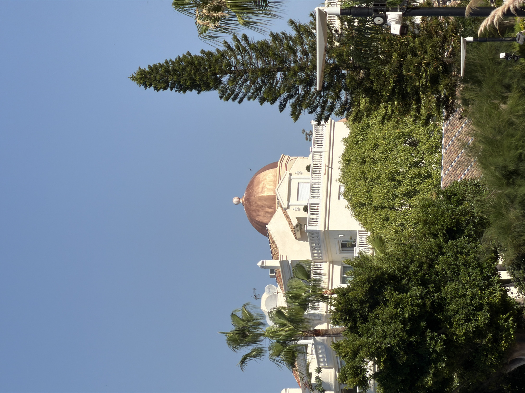 The image captures a clear blue sky over a multi-story building with a copper dome. The building is situated behind a dense arrangement of lush green trees and palm trees. In the foreground, a tall, conical evergreen tree stands to the right of the frame, partially obscuring the building and a lamp post with security cameras. The architecture of the building, with its white railings and cream-colored walls, suggests a Mediterranean style. The overall impression is a sunny day in a well-maintained, possibly upscale, residential or commercial area. No people are visible in the image. This scene is consistent with properties found in the affluent areas of Estepona, Spain, known for its luxurious villas and coastal architecture.