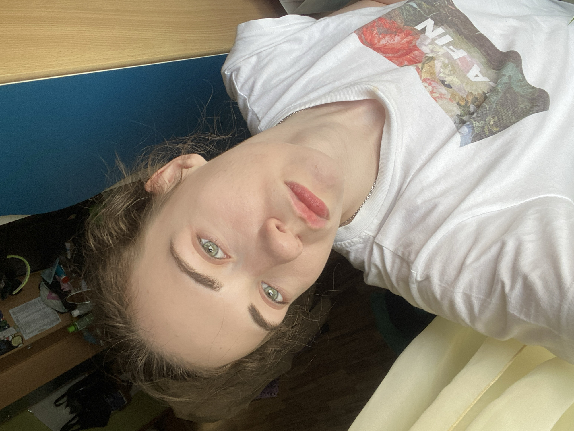 This is a portrait of a young woman lying down, her head tilted to the side. She has light skin, green eyes, and brown hair that is messy and falls around her face. She is wearing a white t-shirt with a colorful graphic print on the chest, featuring flowers and text. A thin silver chain necklace is visible around her neck. Her expression appears relaxed and perhaps a little thoughtful.
The background suggests an indoor setting, possibly a room with wooden furniture and a desk with various items on it, including papers and bottles. There's a blue surface behind her, possibly a desk or shelf, and a wooden surface above that. The lighting seems to be natural, possibly from a window, casting soft shadows. The overall atmosphere is casual and personal. The visible text on her shirt reads "A FIN".
The image is oriented sideways. While no specific time of day or weather can be determined, the soft lighting hints at a daytime scene. The provided location context is Zavodoukovsk, Russia.