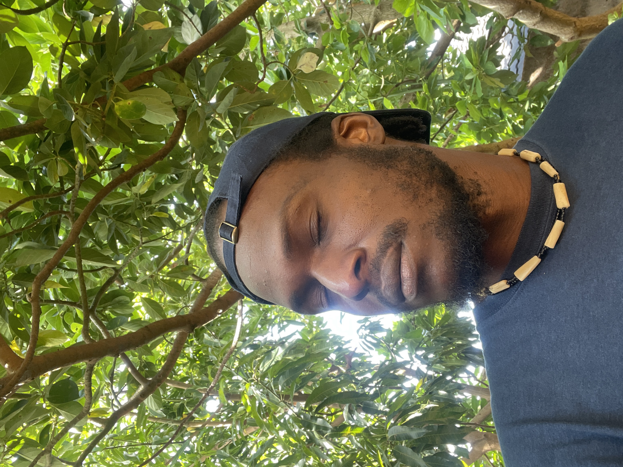 This portrait-style image captures a Black man from the chest up, positioned at a low angle, looking upwards into a dense tree canopy. The man has a well-groomed beard and is wearing a dark blue t-shirt and a black baseball cap with the brim oriented backward. Around his neck is a beaded necklace, featuring light-colored, elongated cylindrical beads interspersed with smaller dark beads. His eyes are closed or cast downwards, suggesting a moment of relaxation or contemplation.
The background is filled with lush green foliage and numerous branches of a large tree, indicating an outdoor, natural setting. Bright sunlight filters through the leaves, creating dappled light and shadows, consistent with a sunny daytime scene. A small, round, green fruit, possibly a young mango or avocado, is visible hanging from a branch in the upper left area of the image. No text is visible. The bright, clear weather and tropical tree suggest a warm climate, aligning with the provided location context of Jos, Nigeria.