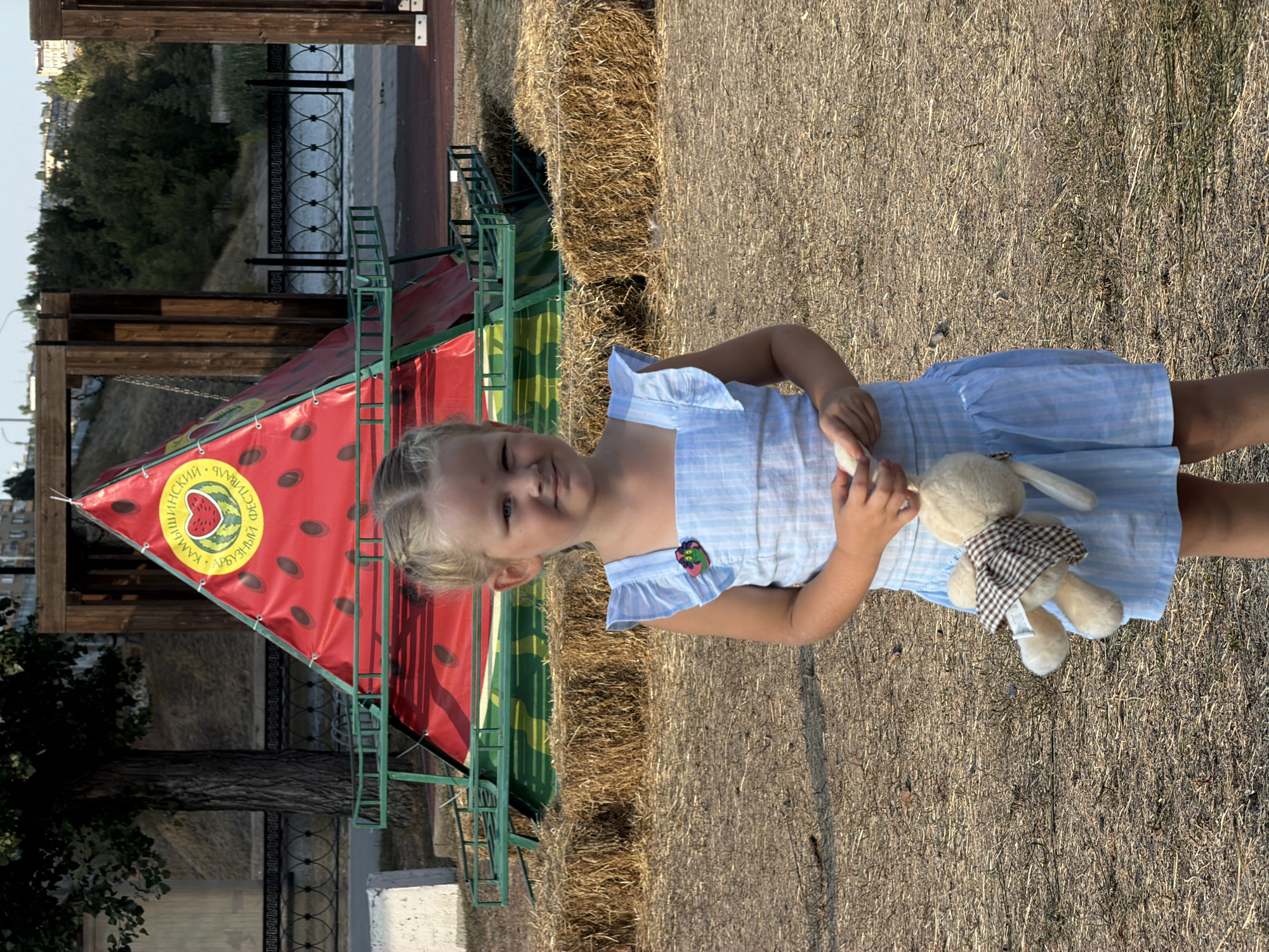 A young girl stands in front of a watermelon-shaped structure, likely part of a festival or event, in the city of Kamyshin, Russia. The girl, with blonde hair styled in braids, wears a light blue and white striped dress with ruffled sleeves. She holds a plush toy, a light-colored stuffed animal with a checkered brown and white bandana around its neck, in her right hand. A colorful pin with a green and pink figure is attached to the left shoulder of her dress.
The backdrop features a large, red, triangular structure adorned with black watermelon seeds and a circular emblem at the apex. This emblem, in yellow, contains an image of a heart within a halved watermelon, surrounded by text in Russian. The structure is supported by a green metal frame and rests on a base of hay bales. Behind the hay bales and the structure, a body of water, possibly a river or canal, is visible, separated by a black metal fence with decorative circular patterns. In the background, trees and buildings line the opposite bank of the water, suggesting an urban or park setting. The ground is covered with dry grass and straw. The lighting indicates it is daytime, with sunlight casting shadows.