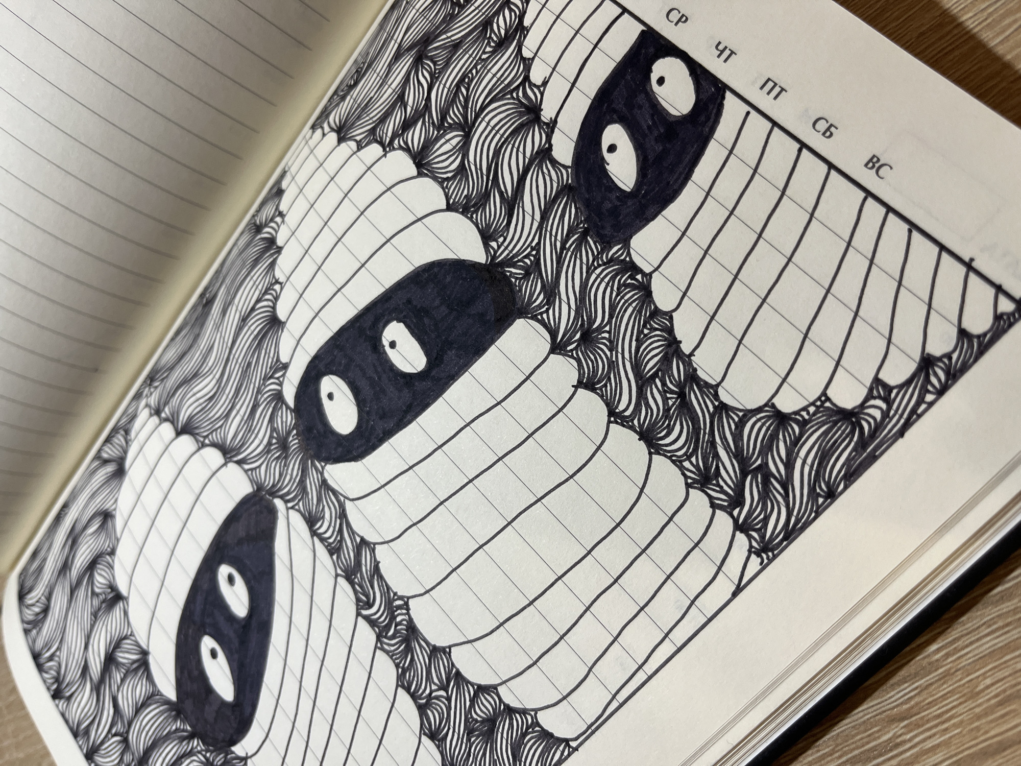 The image shows a black and white drawing of three cartoonish mummy-like figures with black masks and wide eyes. The figures are arranged diagonally on a lined notebook page. The background is filled with intricate line work resembling hair or waves. The notebook is open, with the spine visible, and is placed on a wooden surface. The bottom right corner of the page has faint, handwritten Cyrillic characters, possibly "CP ЧТ ПТ СБ ВС", which translate to "CP TH FR SA SU". There is no indication of the city of Krasnyye Barrikady, Russia in the image.