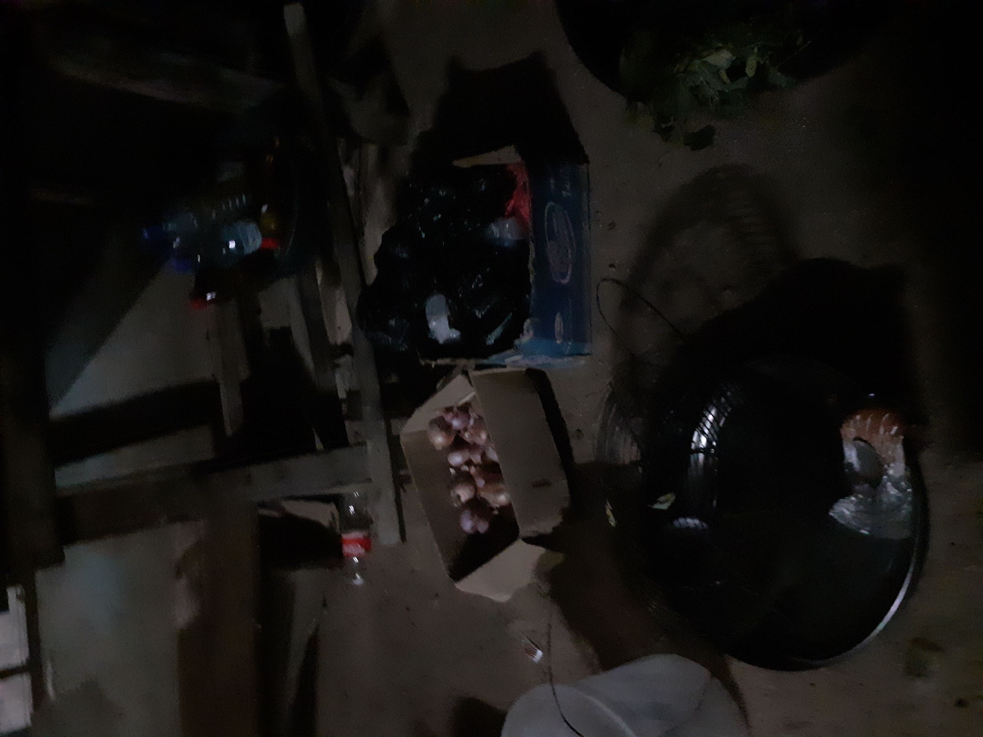 The image depicts an outdoor scene at night, possibly in Jalingo, Nigeria. In the foreground, a large, dark, circular object, likely a cooking pot or pan, is visible. It appears to contain some food items wrapped in plastic. To the left, a white bucket is partially visible. Behind the bucket, a cardboard box filled with onions is situated. Further back, a blue crate holds black trash bags. Several plastic water bottles and a red object are also present in the background, near some wooden structures. The ground is dark and appears to be dirt or concrete. The lighting is dim, suggesting artificial light sources or ambient darkness.