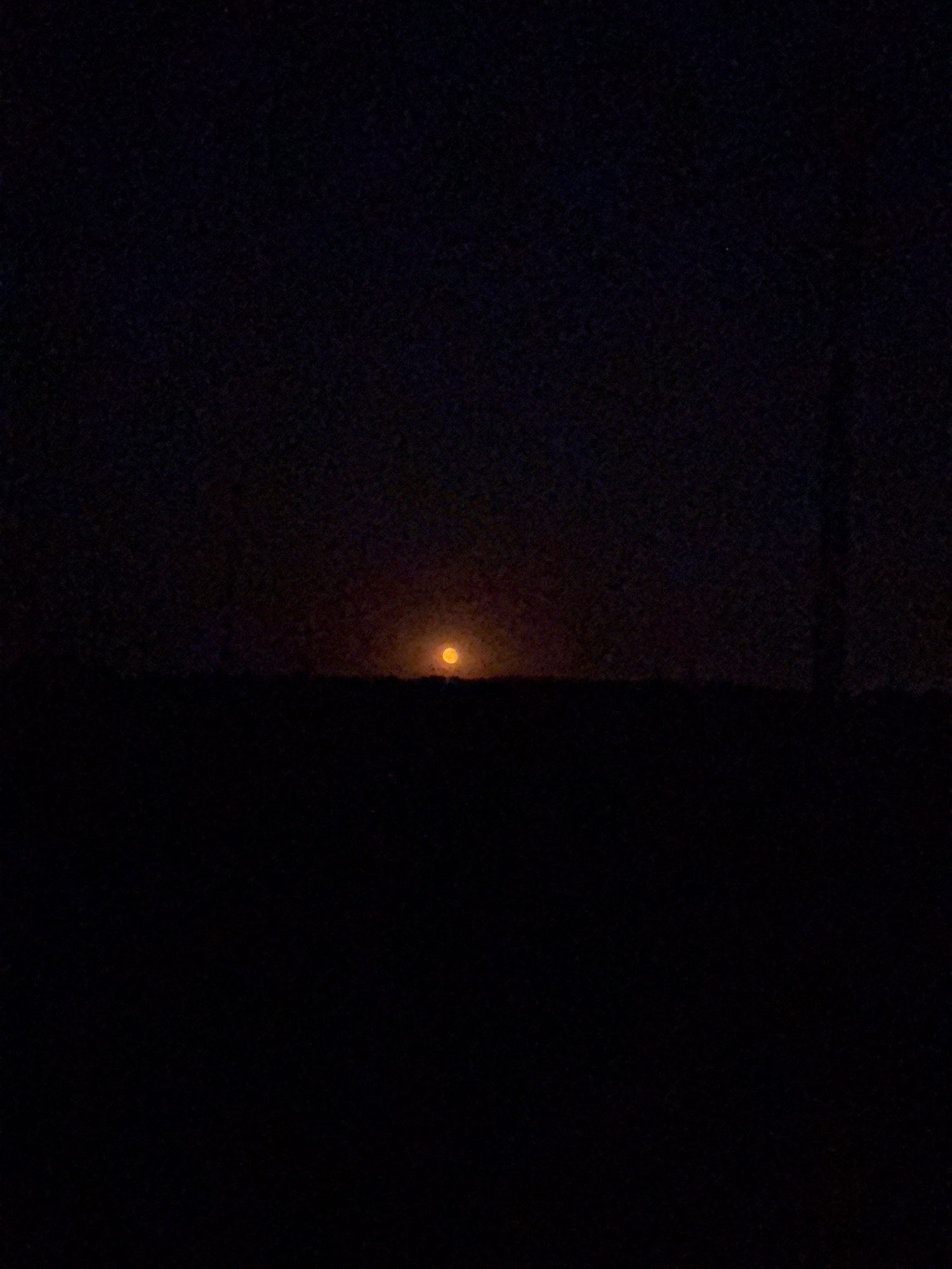 A dark, grainy photograph captures a landscape at dusk or dawn. A faint, orange orb, presumably the sun or moon, is visible near the horizon, casting a soft glow on the dark, silhouetted landmass in the foreground. The sky is a deep, inky black, with no visible stars or clouds. The overall impression is one of stillness and solitude. The image is centered on the illuminated orb, with the land occupying the lower half of the frame and the sky the upper half. The photograph does not provide any visual cues that would allow for its specific location within Nerubaiske, Ukraine, or any other city.