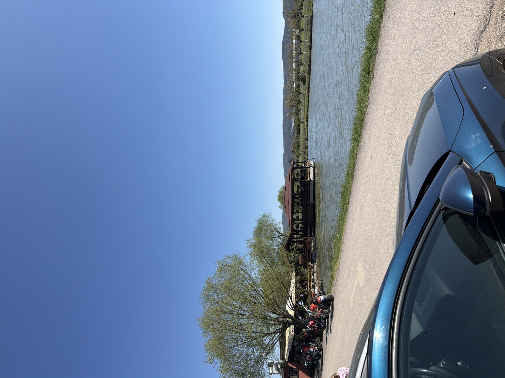 The image shows a bright, sunny day at a location in or near Doganovo, Bulgaria. A blue car is partially visible in the foreground, occupying the right side of the frame. To the left, there is a paved road running along a body of water, possibly a river or lake. Along the road, a group of motorcycles are parked under a large tree with budding leaves. Behind the tree, a wooden structure is situated near the water's edge, possibly a restaurant or recreational facility. The water extends into the distance, with a line of trees and a low mountain range visible on the far shore. The sky is clear and blue. There are people sitting in the restaurant near the motorcycles.